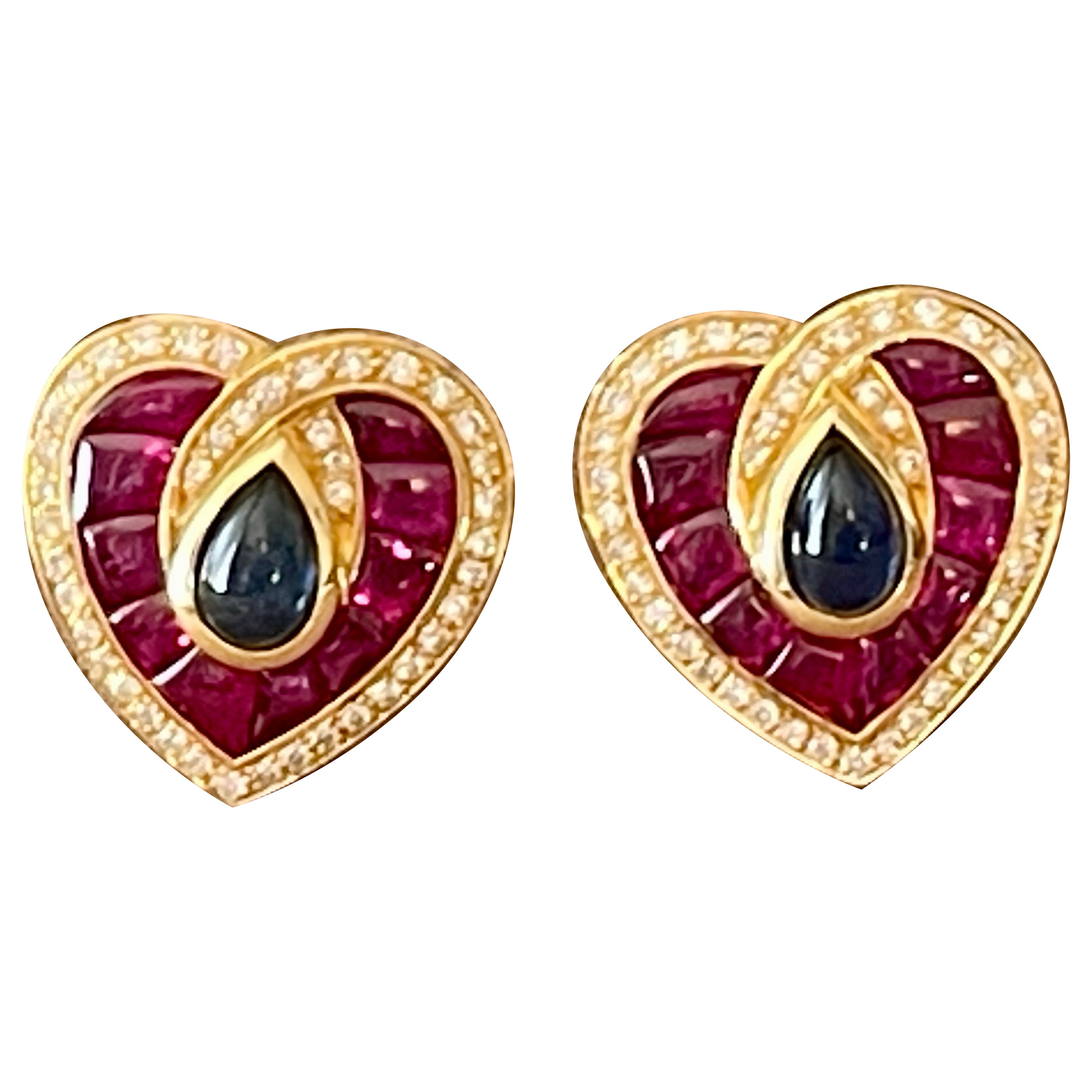 Francesi in oro giallo 18 K. Clip per orecchie a cuore vintage Zaffiro Rubino Diamanti