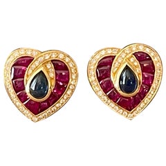 Francesi in oro giallo 18 K. Clip per orecchie a cuore vintage Zaffiro Rubino Diamanti