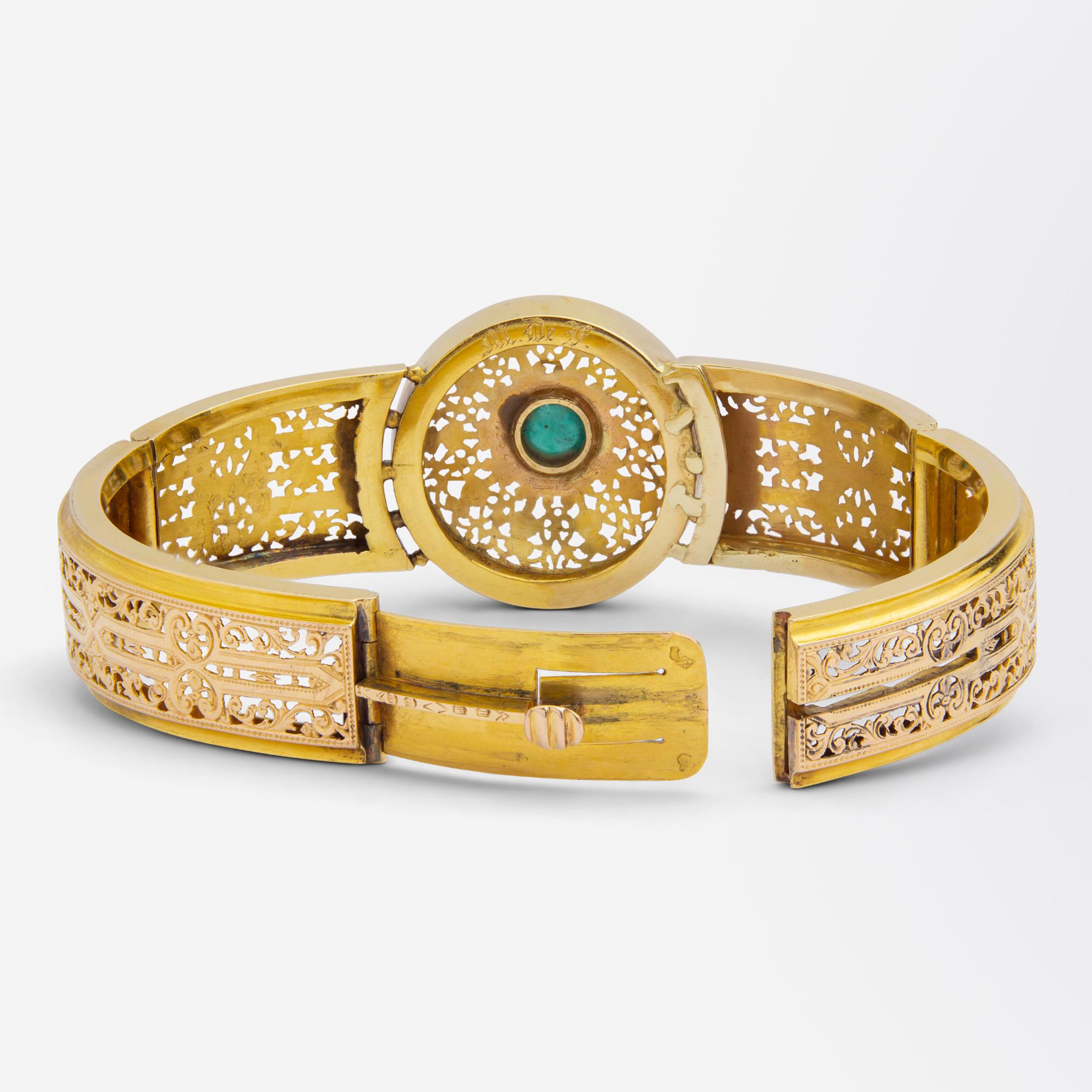 French 18 Karat Gold and Cabochon Emerald Bangle 1