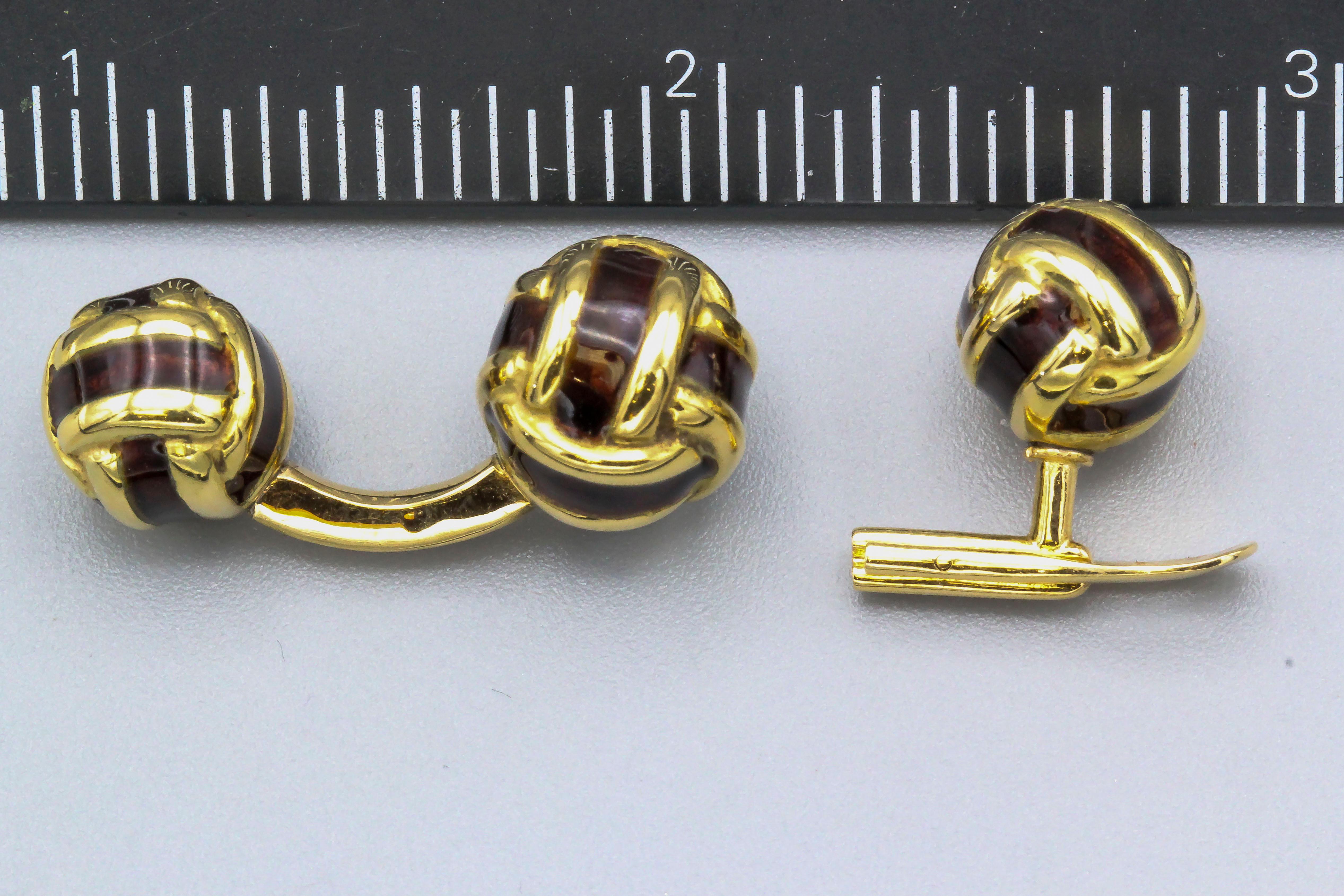 Contemporary French 18 Karat Gold and Enamel Knot Cufflink Stud Set