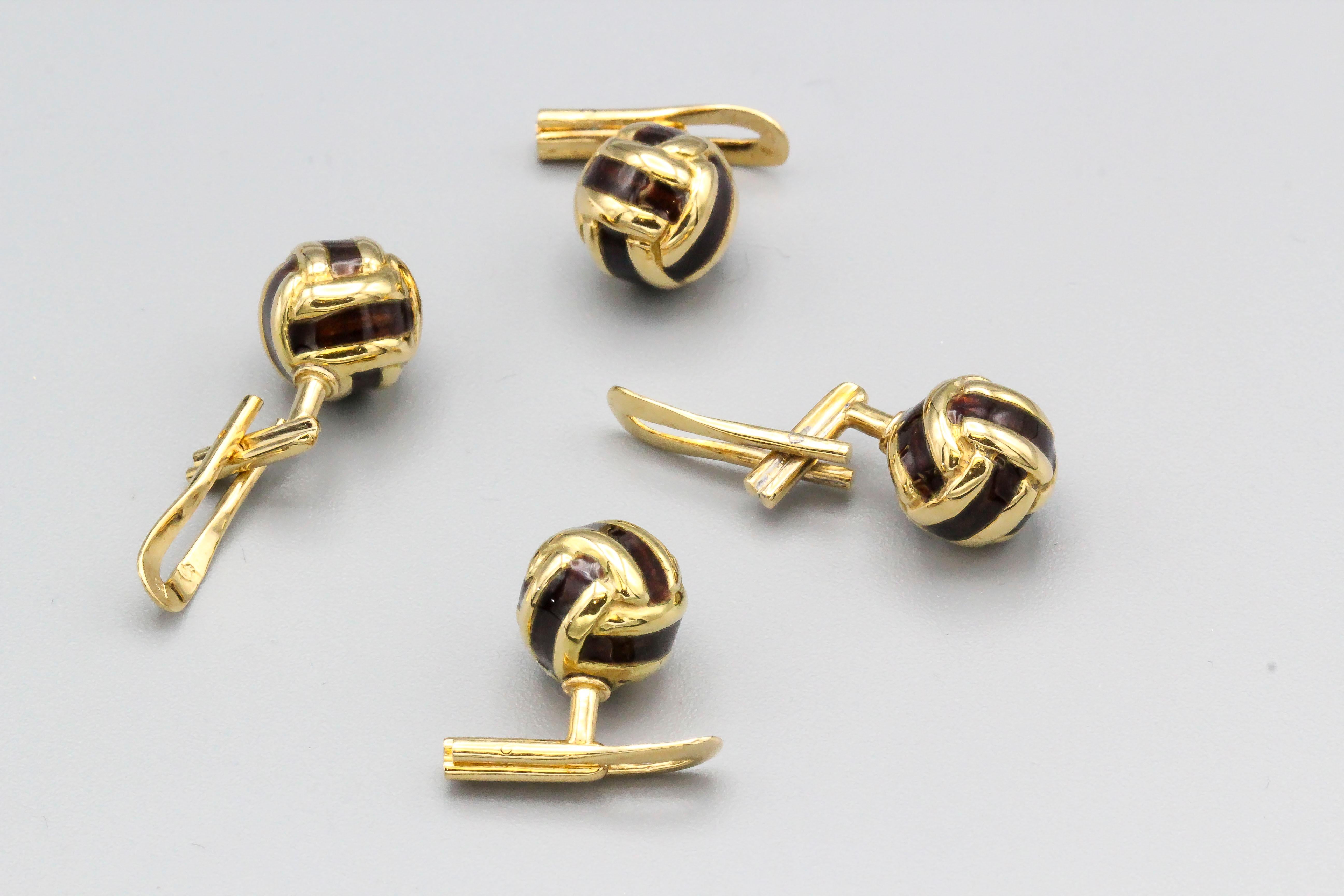 French 18 Karat Gold and Enamel Knot Cufflink Stud Set In Excellent Condition In New York, NY