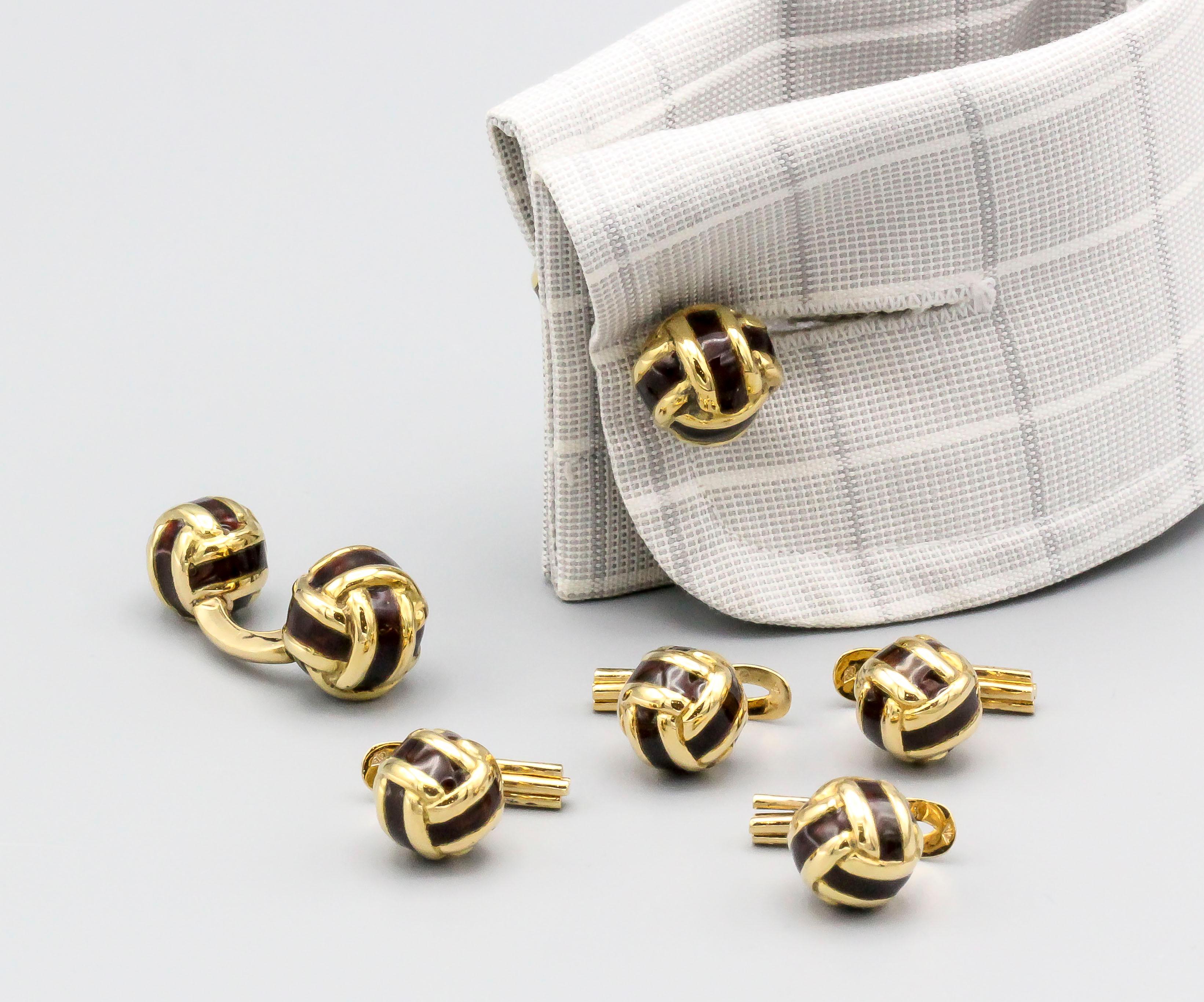 Men's French 18 Karat Gold and Enamel Knot Cufflink Stud Set