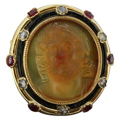 French 18 Karat Gold Art Nouveau Jesus Cameo Brooch with Diamonds and Rubies