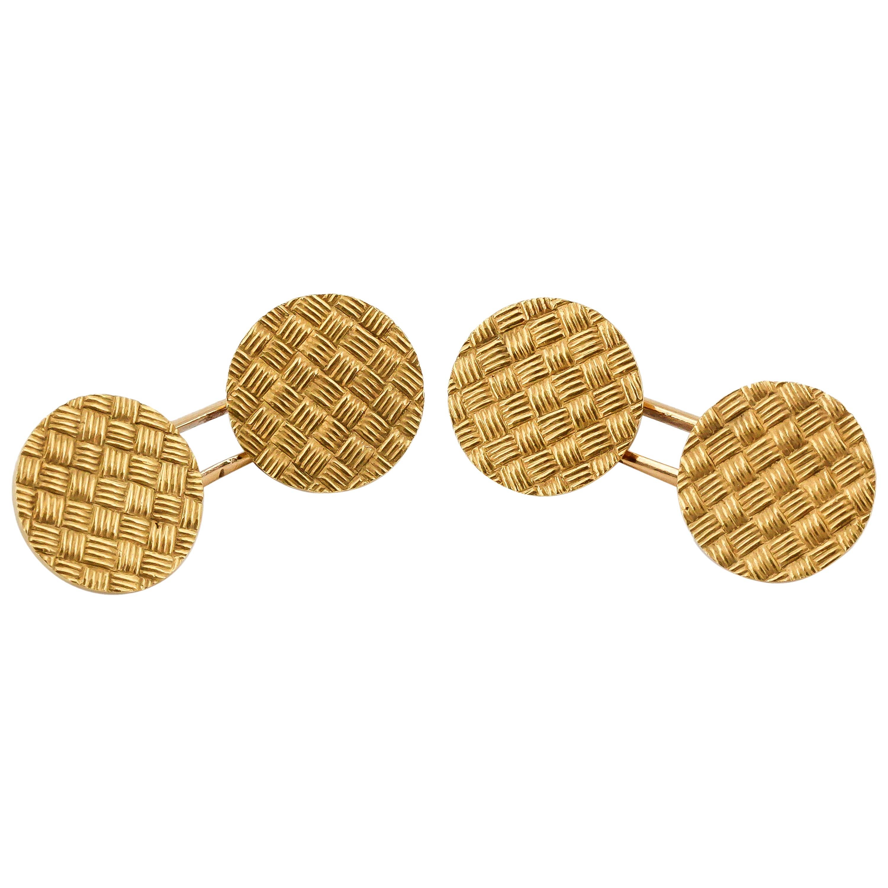 French 18 Karat Gold Basket Weave Round Cufflinks