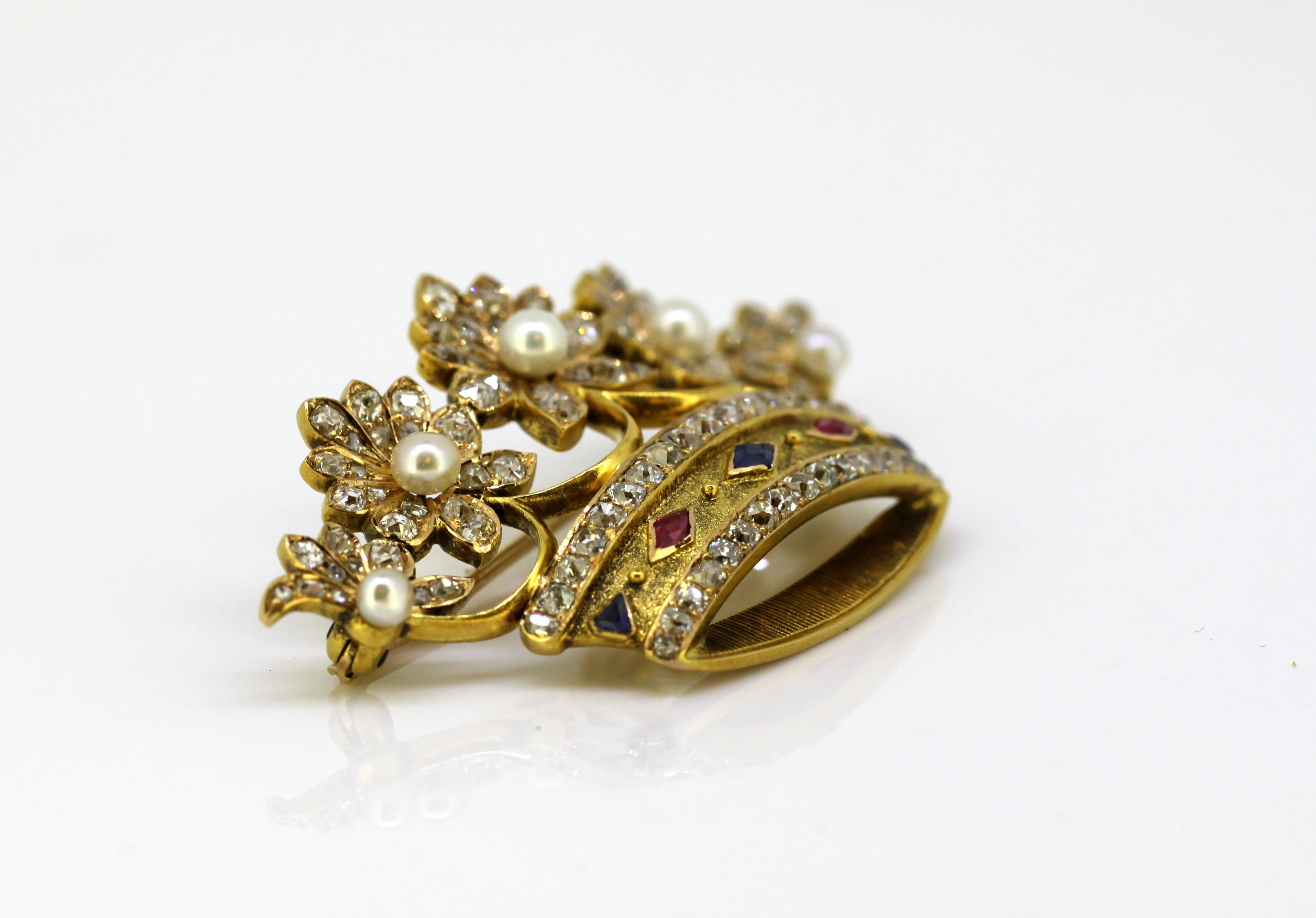 French 18 Karat Gold Brooch with Pearls Diamonds Rubies and Sapphires 7