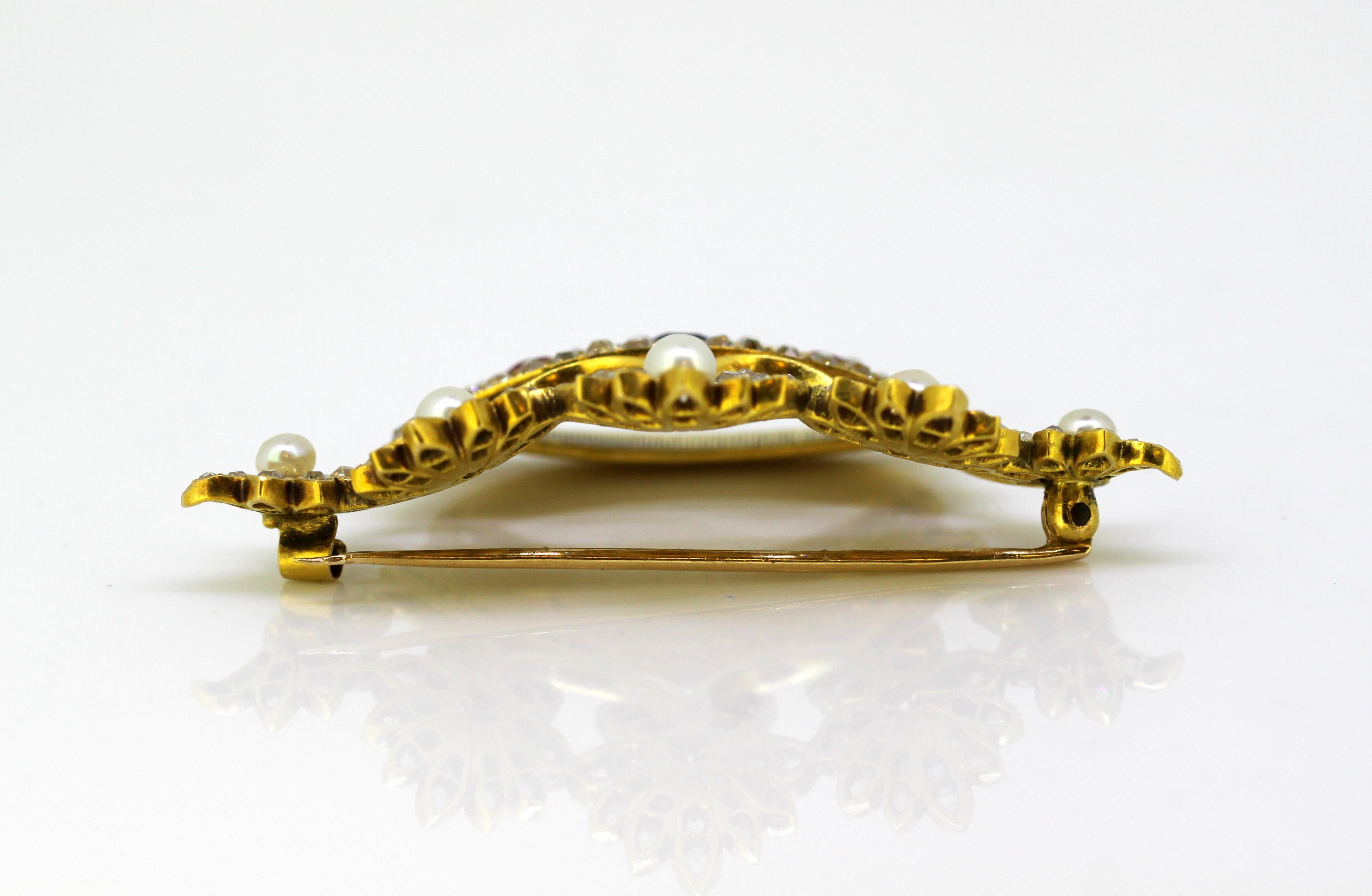 French 18 Karat Gold Brooch with Pearls Diamonds Rubies and Sapphires 8