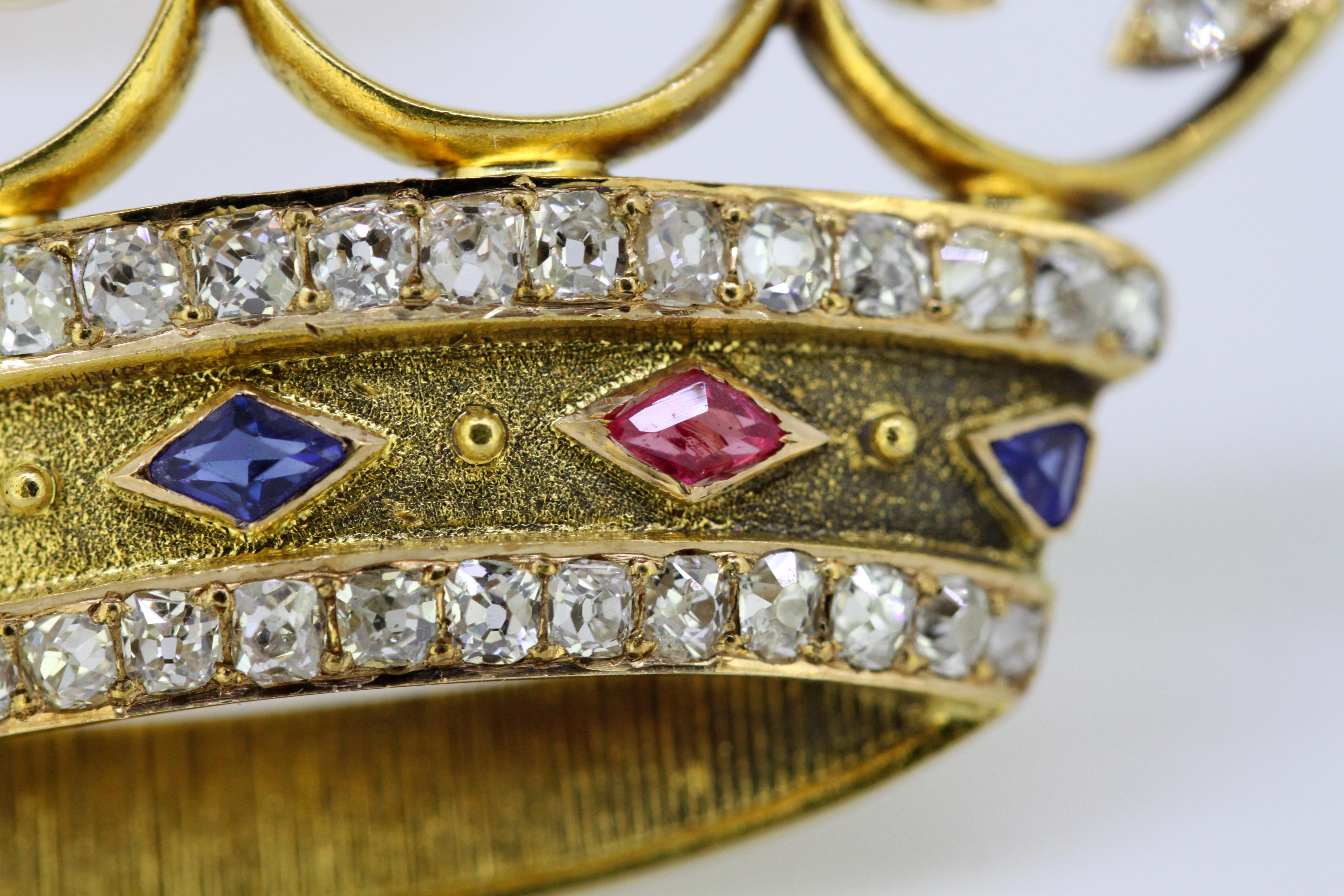 French 18 Karat Gold Brooch with Pearls Diamonds Rubies and Sapphires In Excellent Condition In Braintree, GB