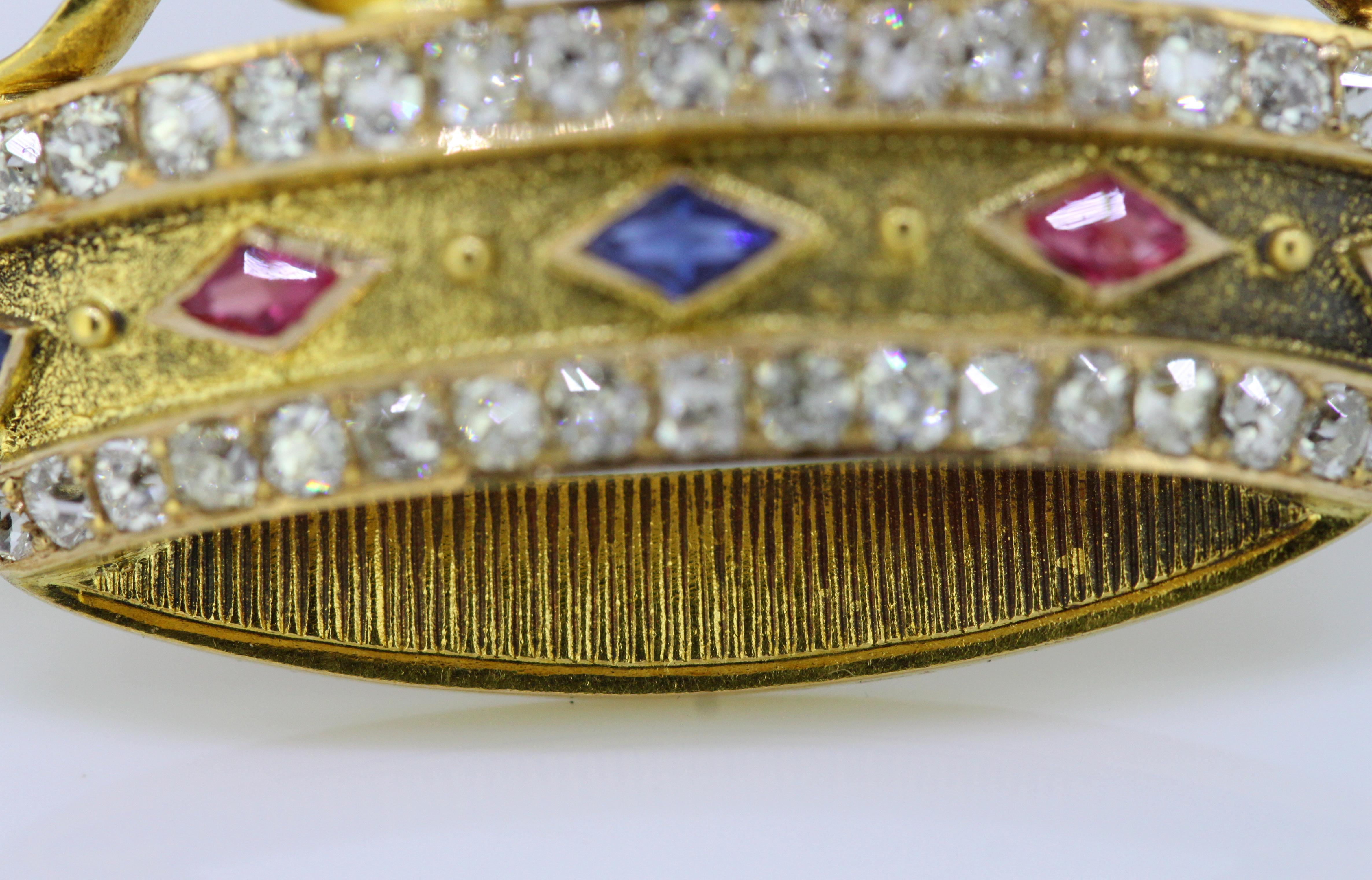 French 18 Karat Gold Brooch with Pearls Diamonds Rubies and Sapphires 1