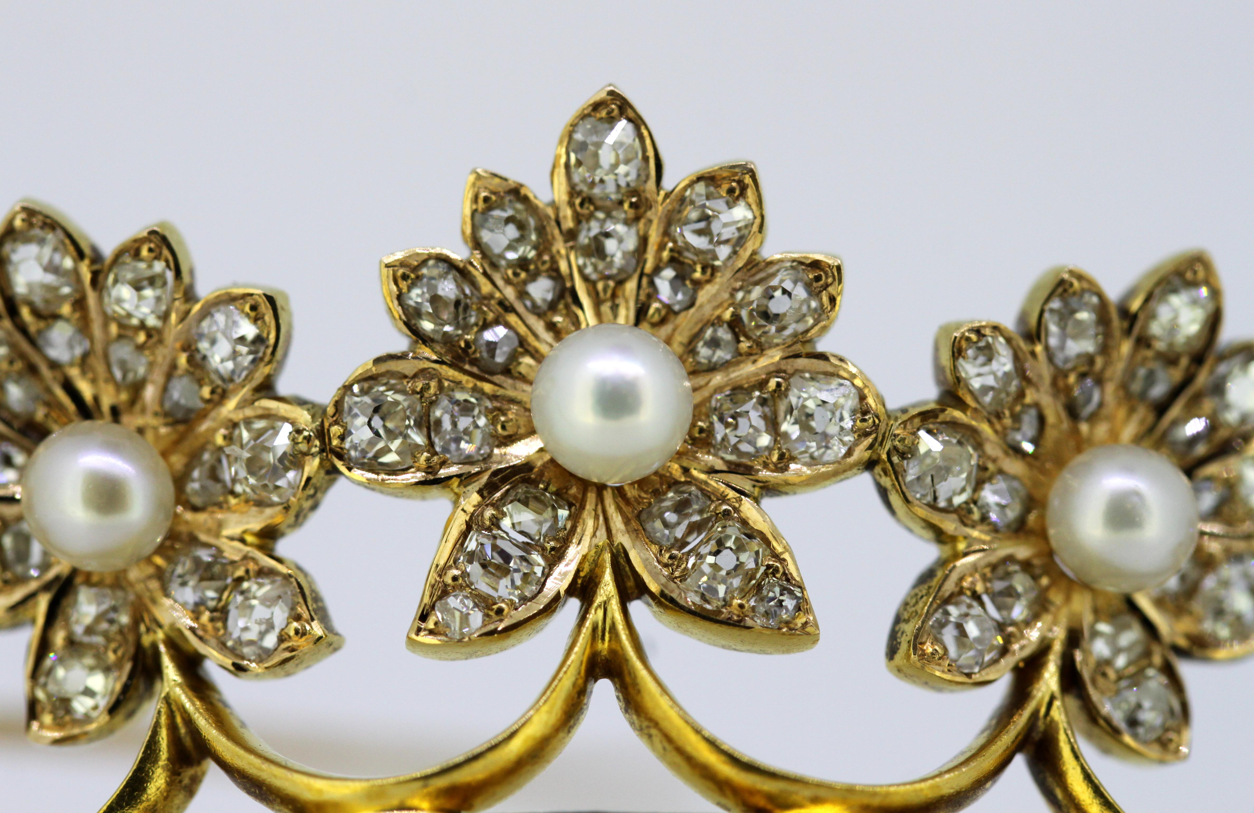 French 18 Karat Gold Brooch with Pearls Diamonds Rubies and Sapphires 4