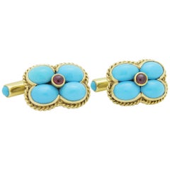 Vintage French 18 Karat Gold Cufflinks Set with Cabochon Turquoise and Rubies