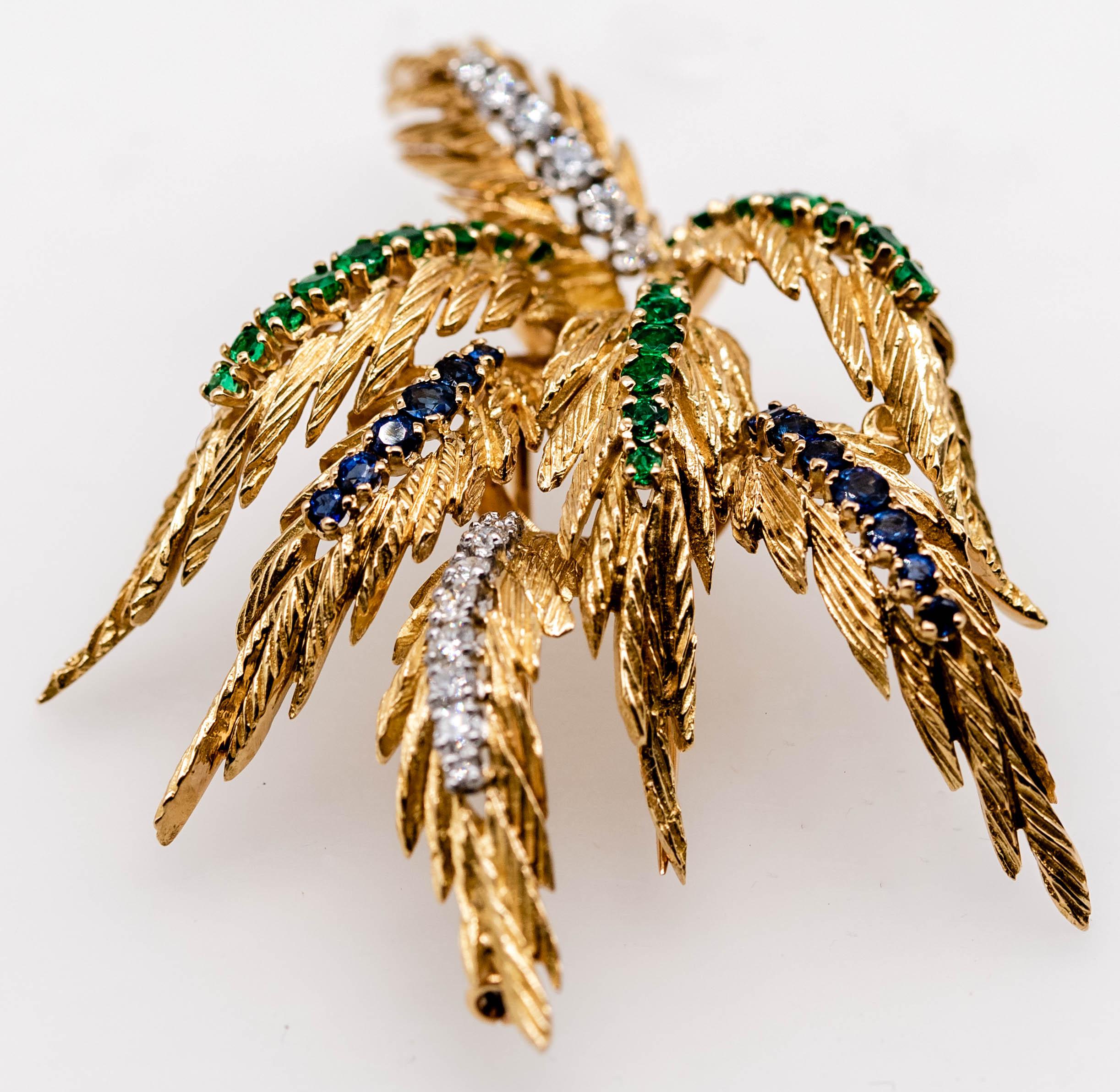 Post-War French 18 Karat Gold Diamond Emerald Sapphire Spray Pin