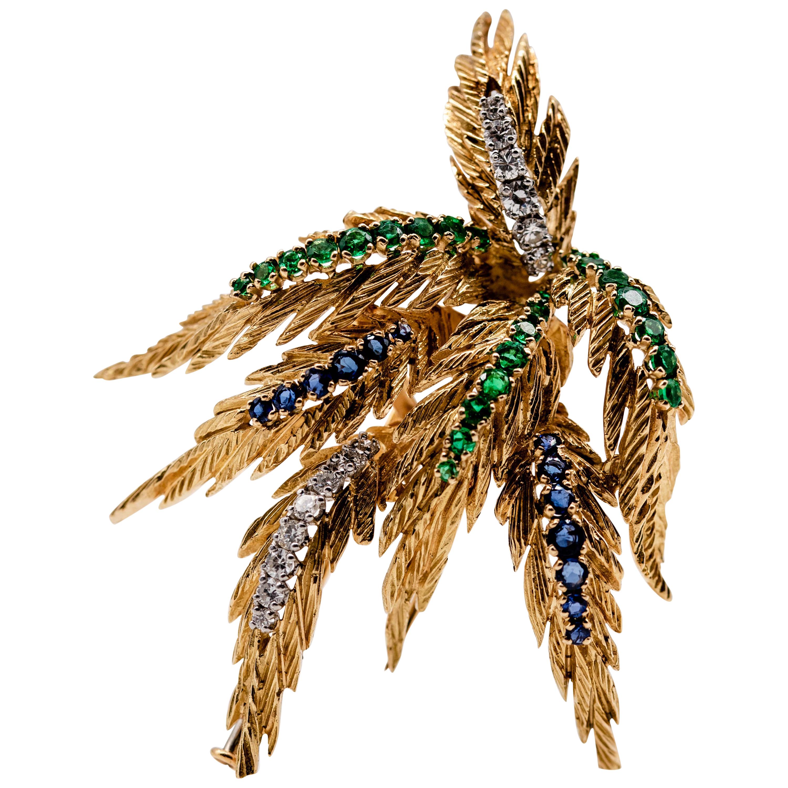 French 18 Karat Gold Diamond Emerald Sapphire Spray Pin
