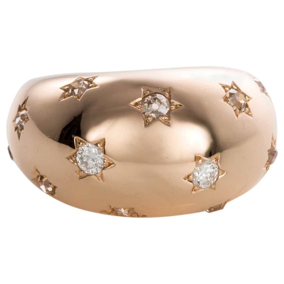 French 18 Karat Gold Diamond Starburst Bombe Dress Ring