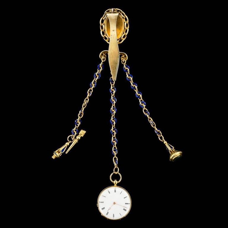Baroque French 18-Karat Gold, Enamel and Diamond-Set Watch Chatelaine, circa 1900 For Sale
