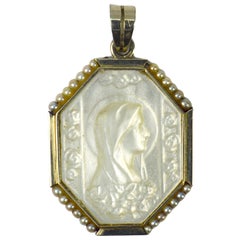 Vintage French Art Deco White Gold Mother of Pearl Natural Pearl Virgin Mary Pendant