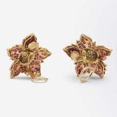 French 18 Karat Gold, Ruby and Diamond Flower Ear Clips