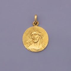 French 18 karat solid gold Jesus pendant - Rare engraved Antique Catholic charm