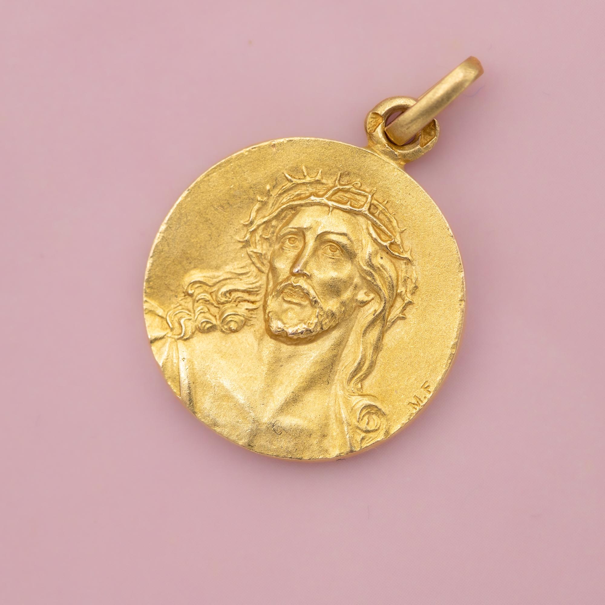 Women's or Men's French 18 karat solid gold Jesus pendant - Rare engraved Antique Catholic charm