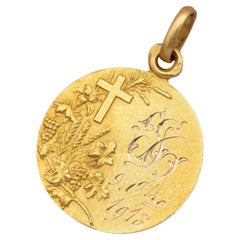 French 18 karat solid gold Jesus pendant - Rare engraved Antique Catholic charm