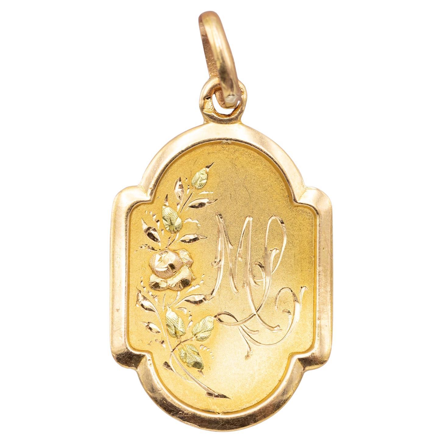 French 18 karat solid gold Jesus pendant - Rare engraved Antique Initial charm