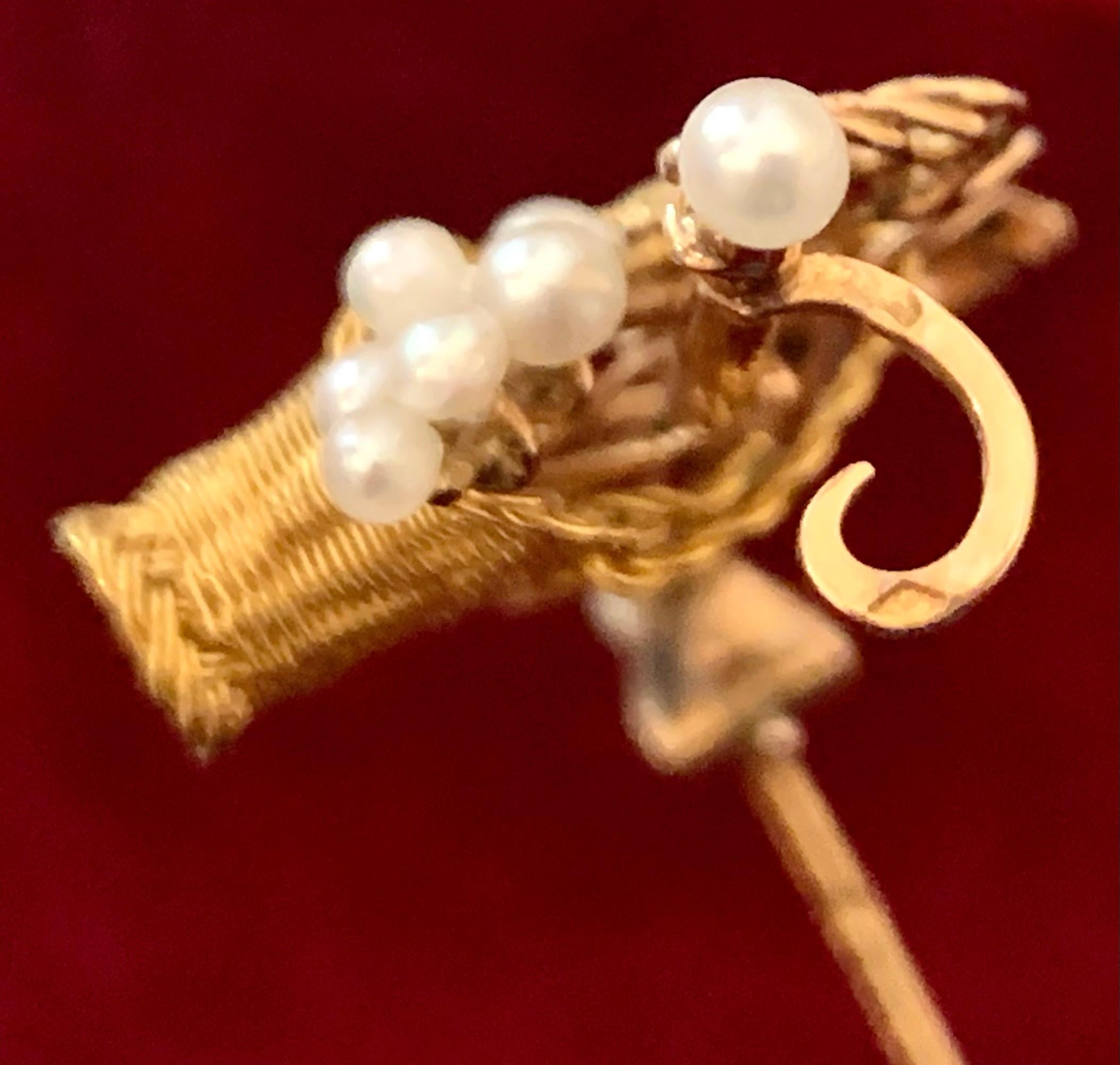 French 18 Karat Three Color Gold Pearls Grapes Vine Braided Handle Basket Brooch For Sale 1