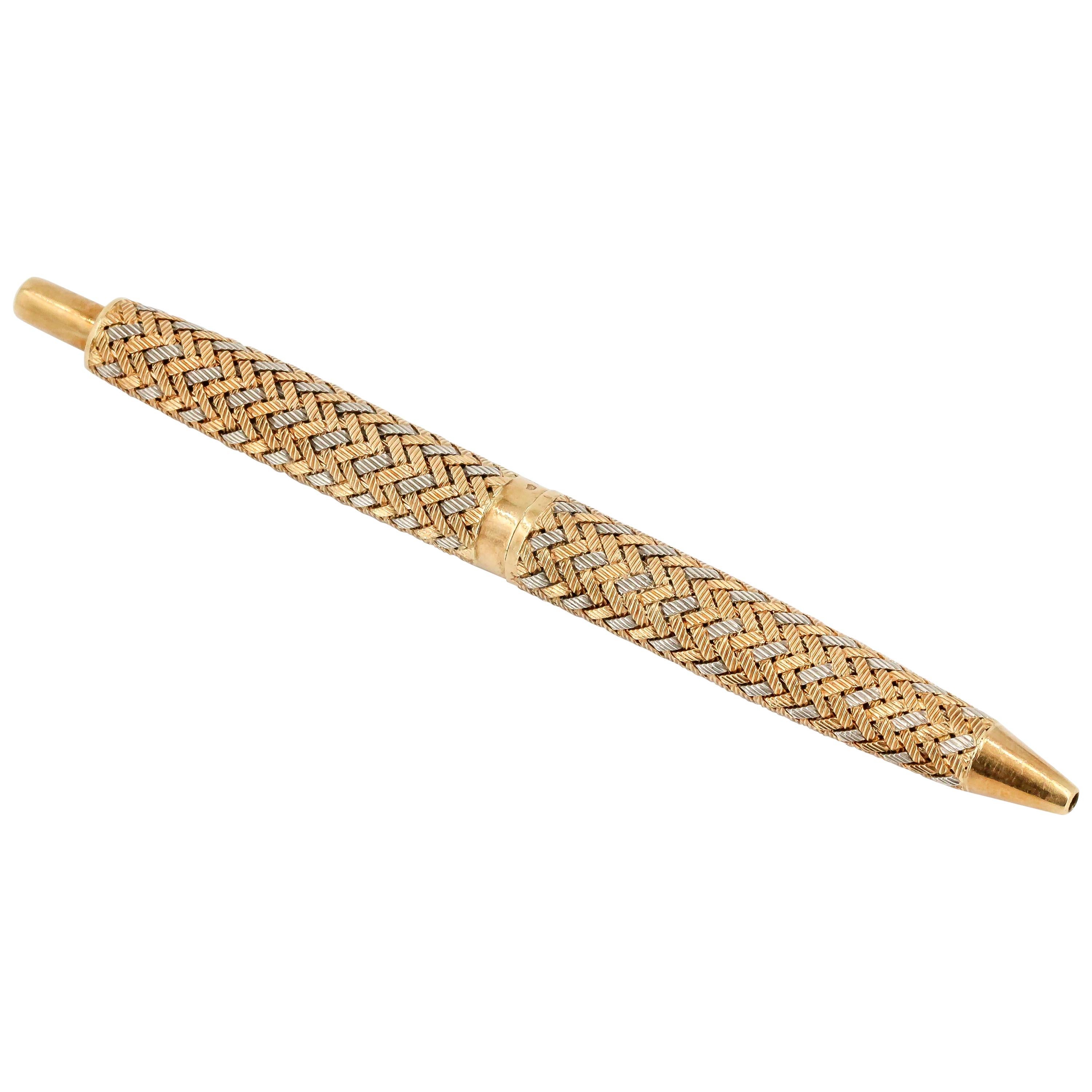 French 18 Karat Two-Tone Gold Basket Weave Ballpoint Purse Pen