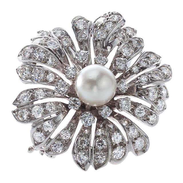 Cultured Pearl Diamond Platinum Flower Brooch at 1stDibs