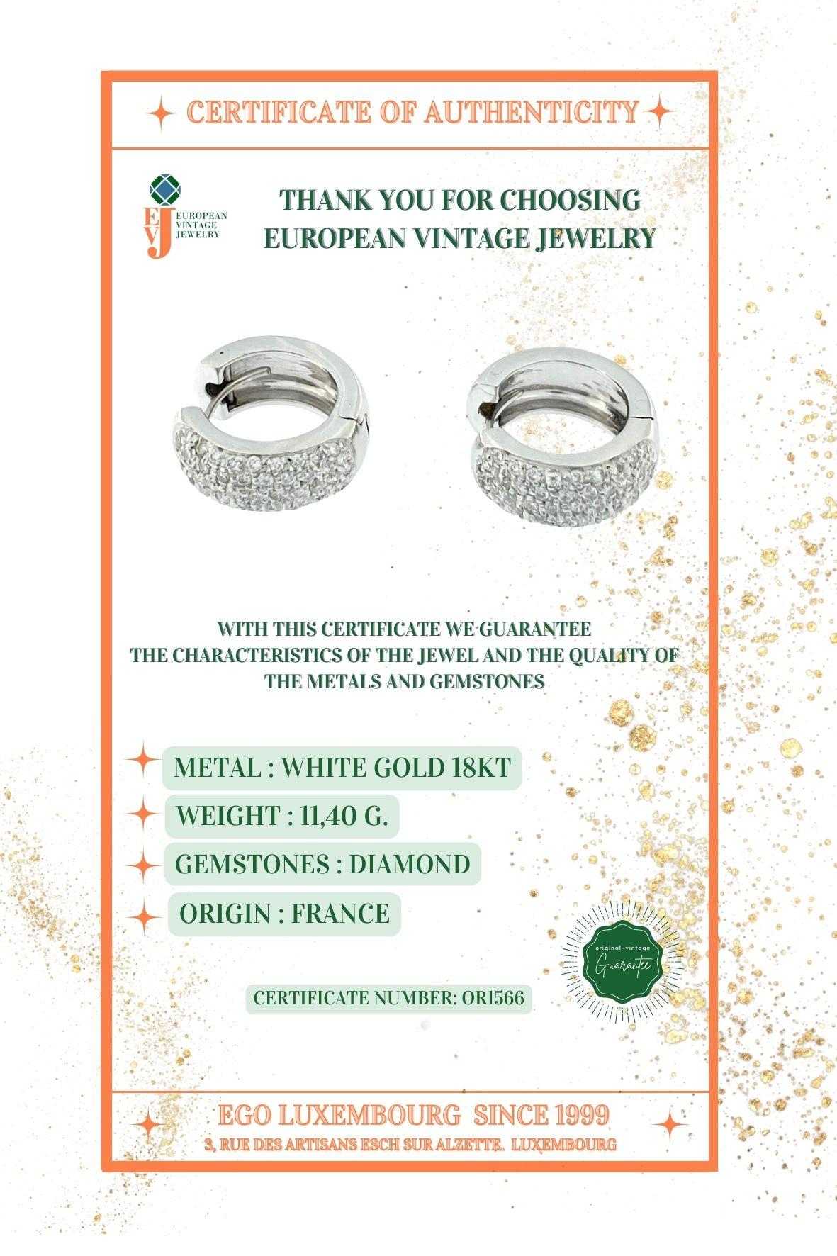 Women's or Men's French 18 karat White Gold Hoop Earrings with Diamonds For Sale