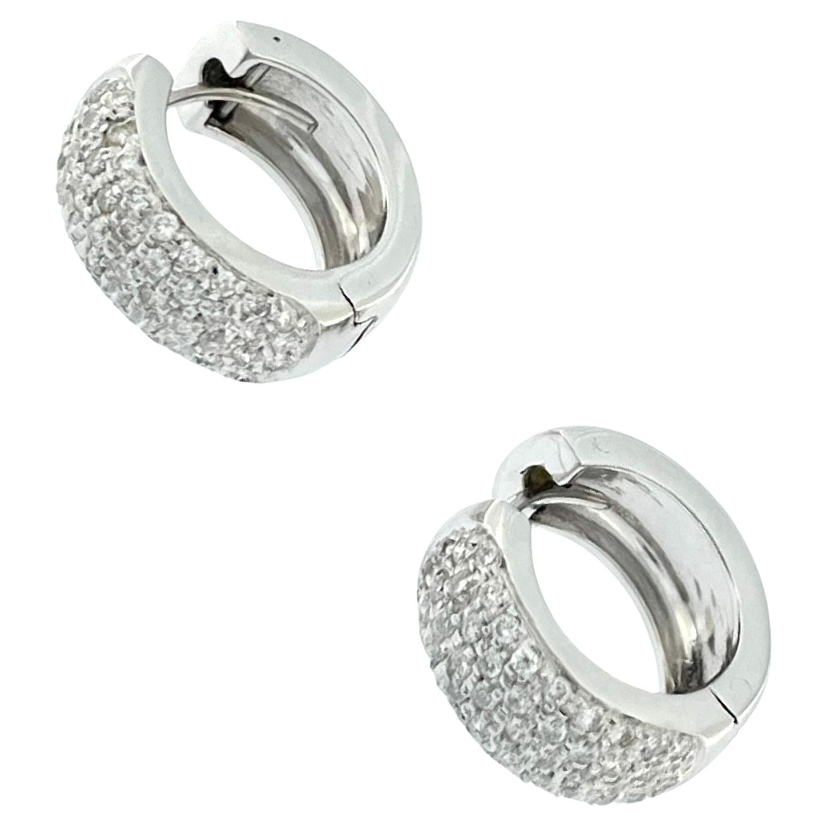 French 18 karat White Gold Hoop Earrings with Diamonds For Sale