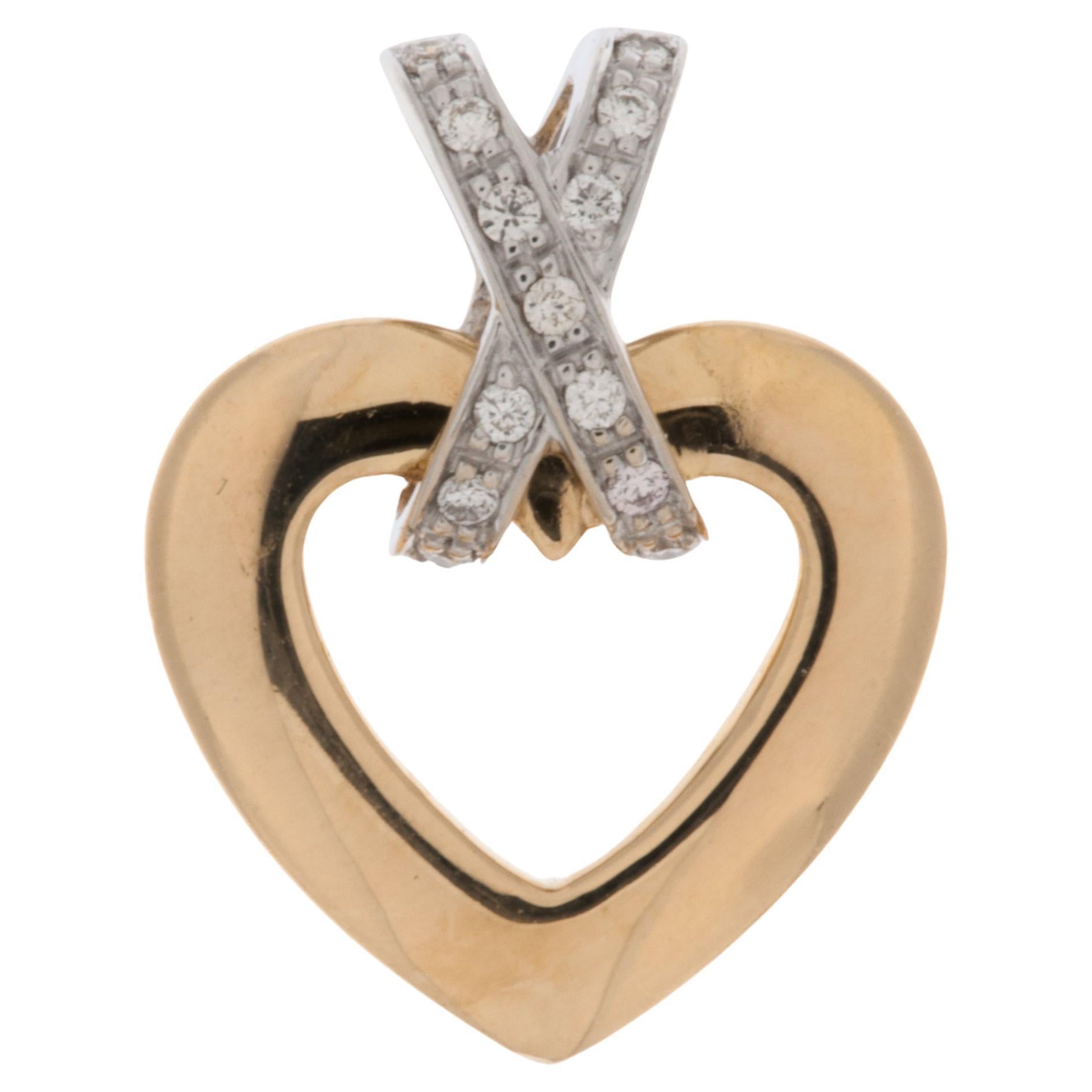 French 18 karat Yellow and White Gold Heart Pendant with Diamonds For Sale