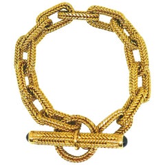 Vintage French 18 Karat Yellow Braided Gold Chain Sapphire Bracelet