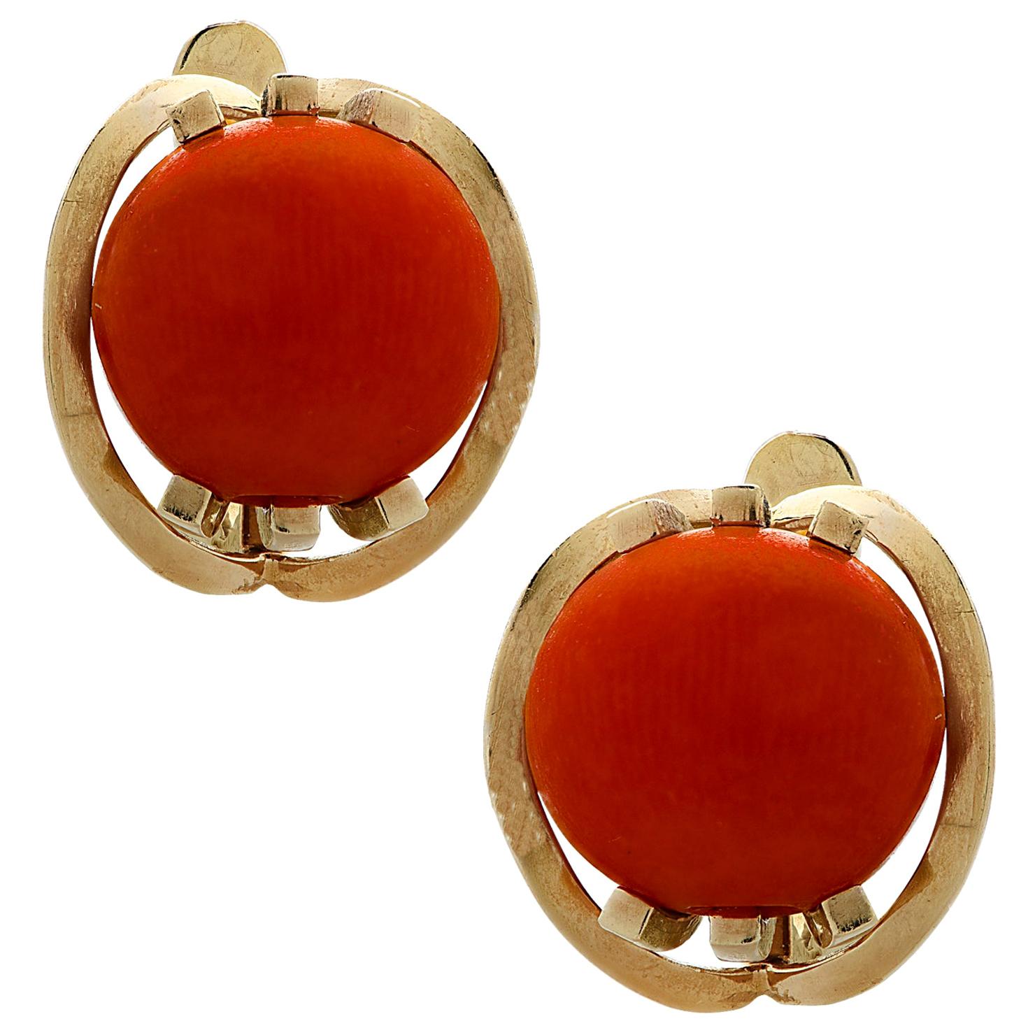 French 18 Karat Yellow Gold and Coral Earrings