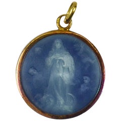 French 18 Karat Yellow Gold Blue Enamel Virgin Mary Charm Pendant