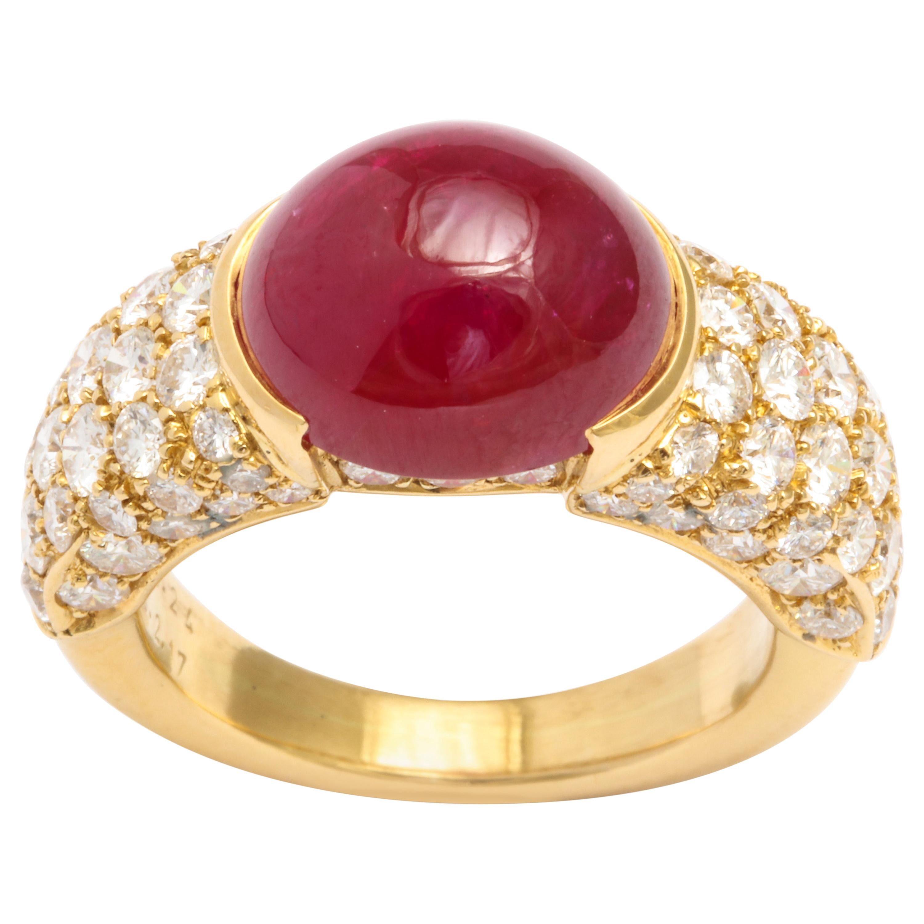 French 18 Karat Yellow Gold Cabochon No Heat Ruby and Pave Diamond Ring For Sale