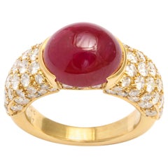 French 18 Karat Yellow Gold Cabochon No Heat Ruby and Pave Diamond Ring