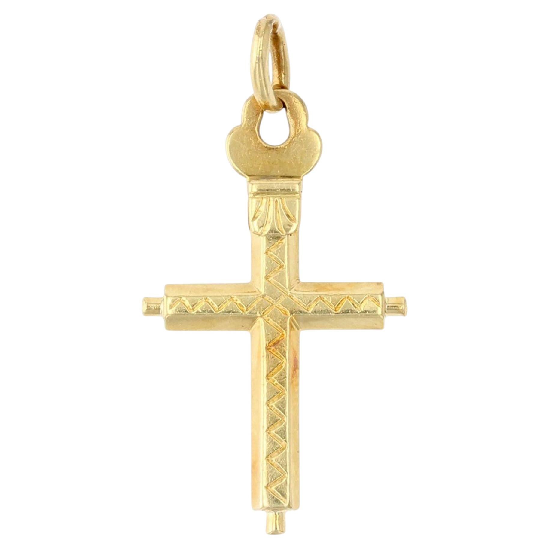 French 18 Karat Yellow Gold Chiseled Regional Cross Pendant