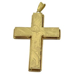 French 18 Karat Yellow Gold Cross with Flower and Leaf Patterns