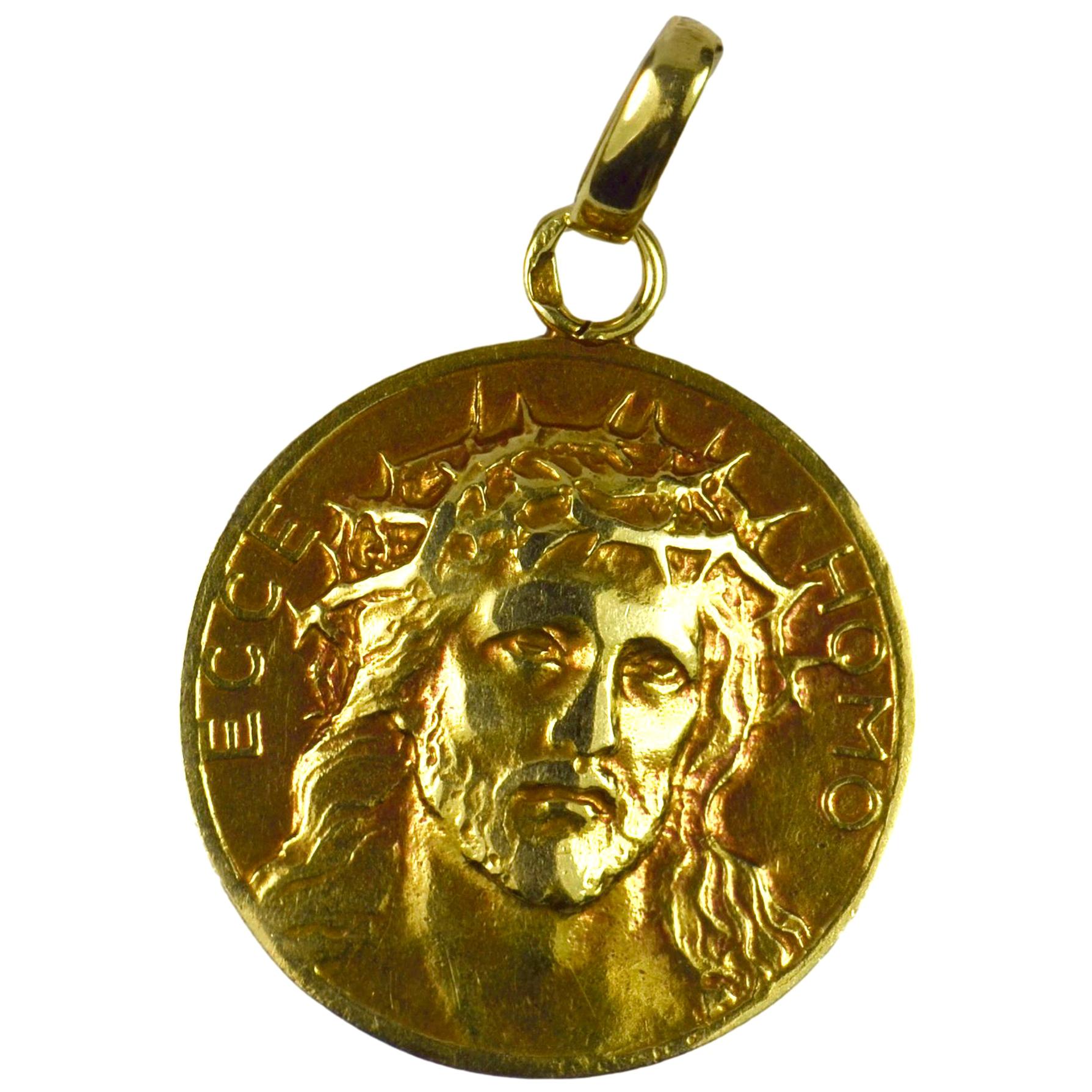 French 18 Karat Yellow Gold Ecce Homo Jesus Christ Crown of Thorns Charm Pendant