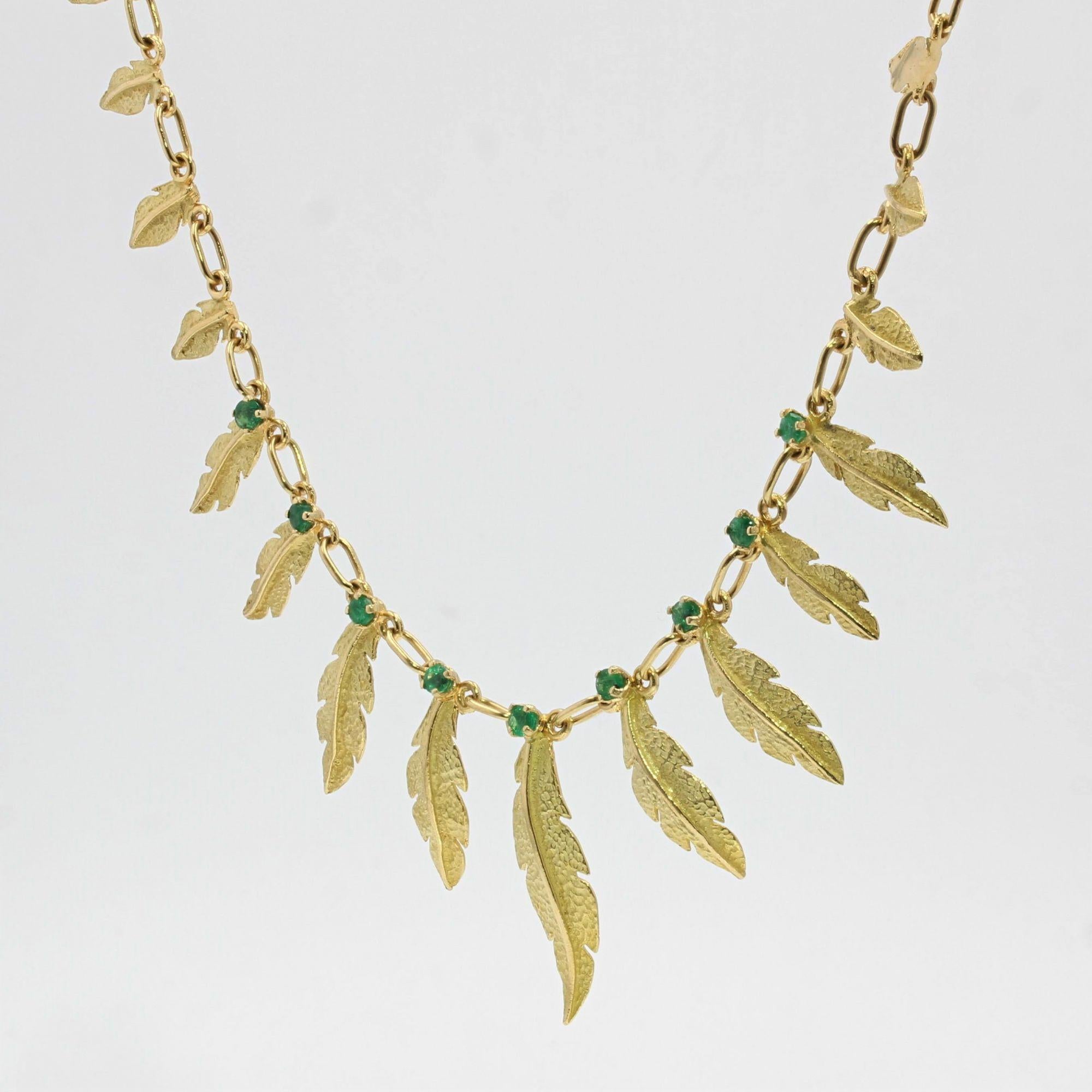 French 18 Karat Yellow Gold Emerald Feather Necklace 4