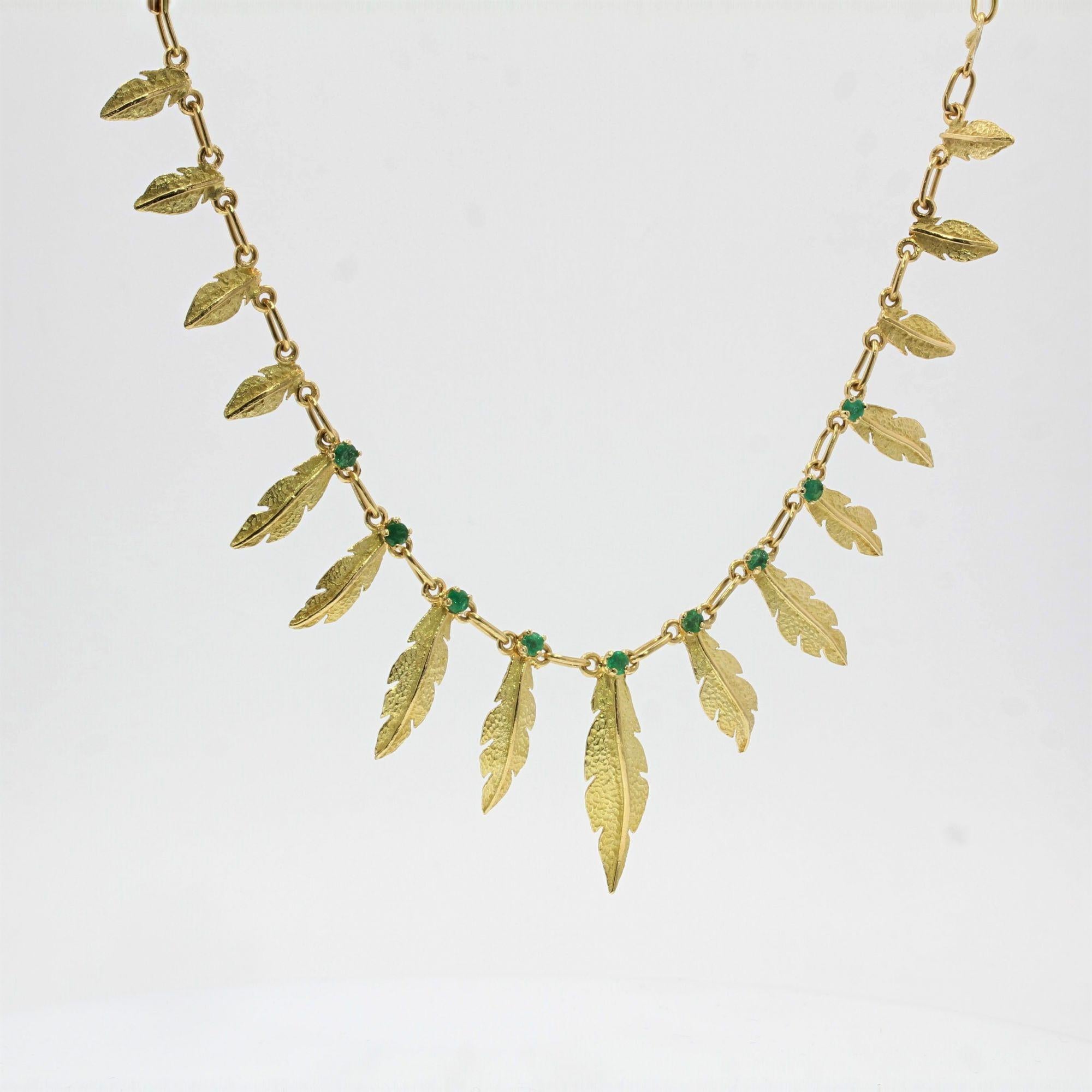 French 18 Karat Yellow Gold Emerald Feather Necklace 1