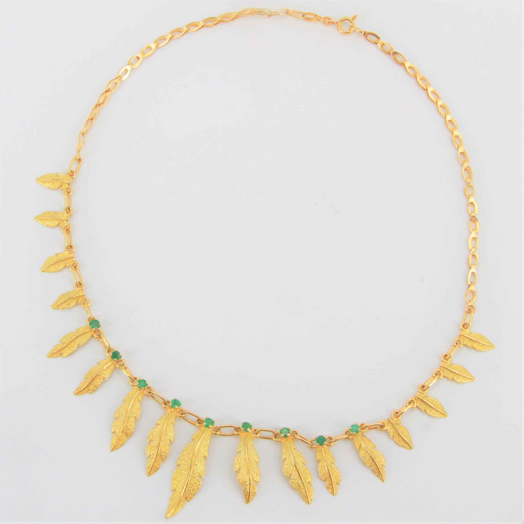 French 18 Karat Yellow Gold Emerald Feather Necklace 2