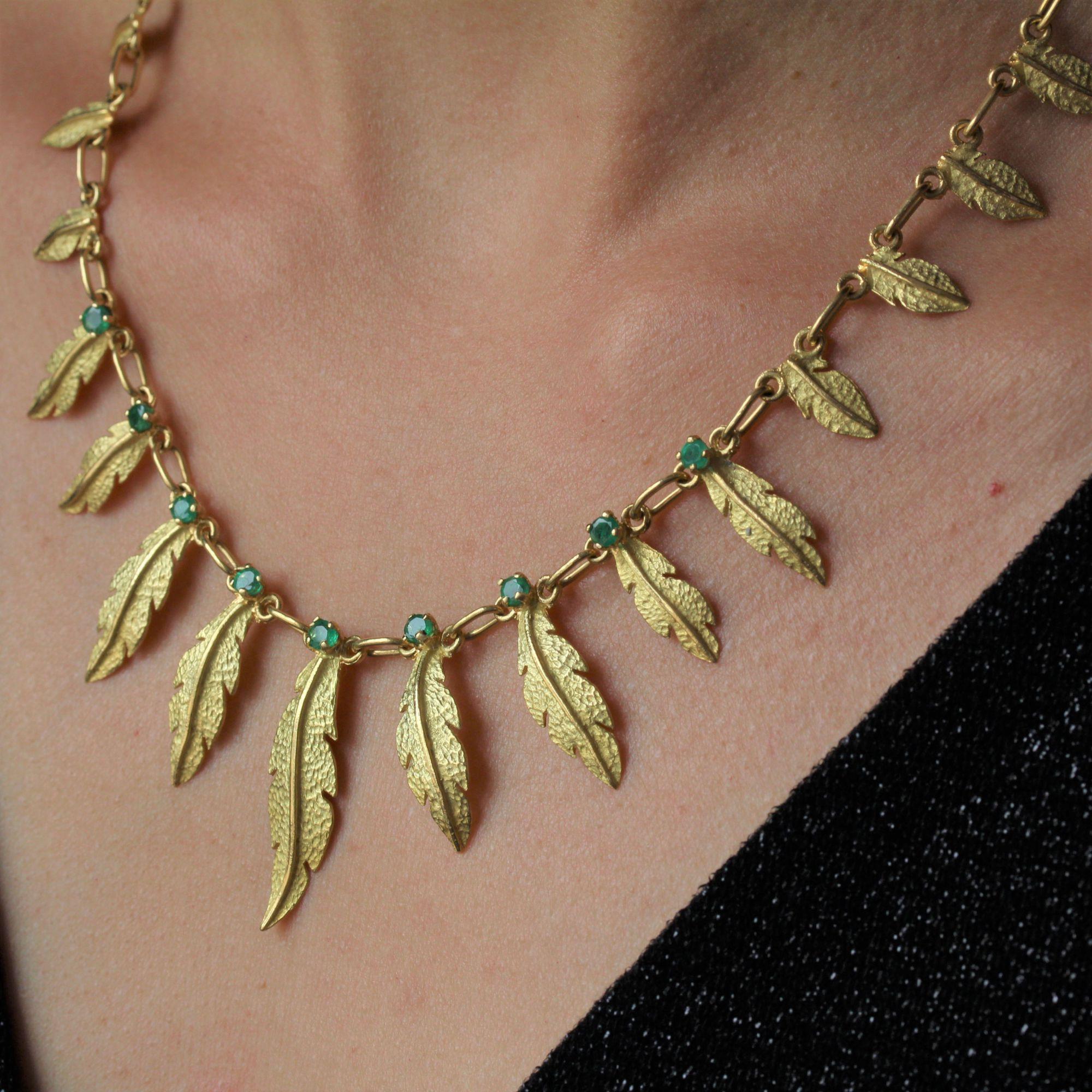 French 18 Karat Yellow Gold Emerald Feather Necklace 3