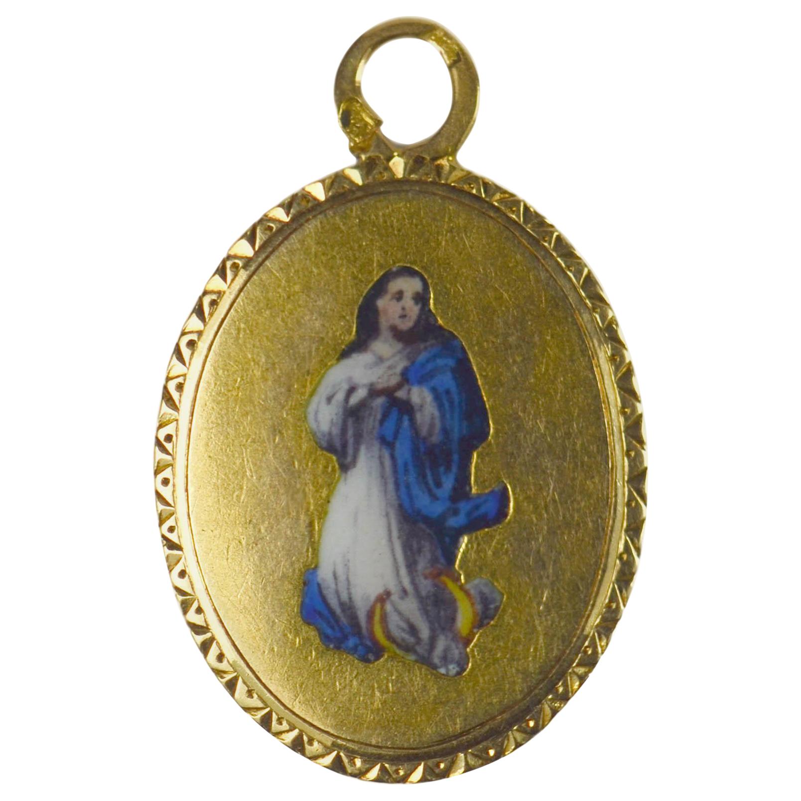 French 18 Karat Yellow Gold Enamel Virgin Mary Charm Pendant