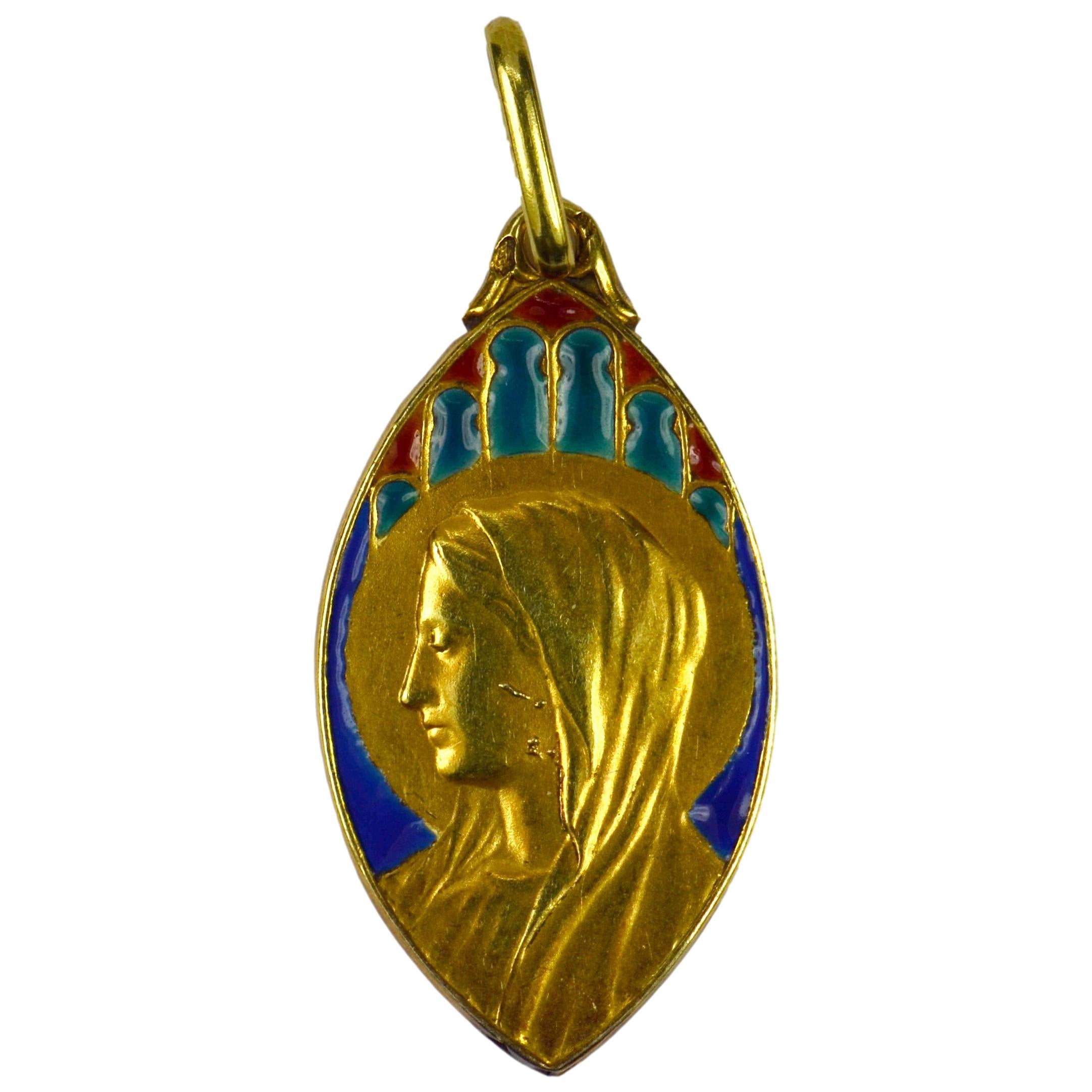 French 18 Karat Yellow Gold Enamel Virgin Mary Navette Charm Pendant