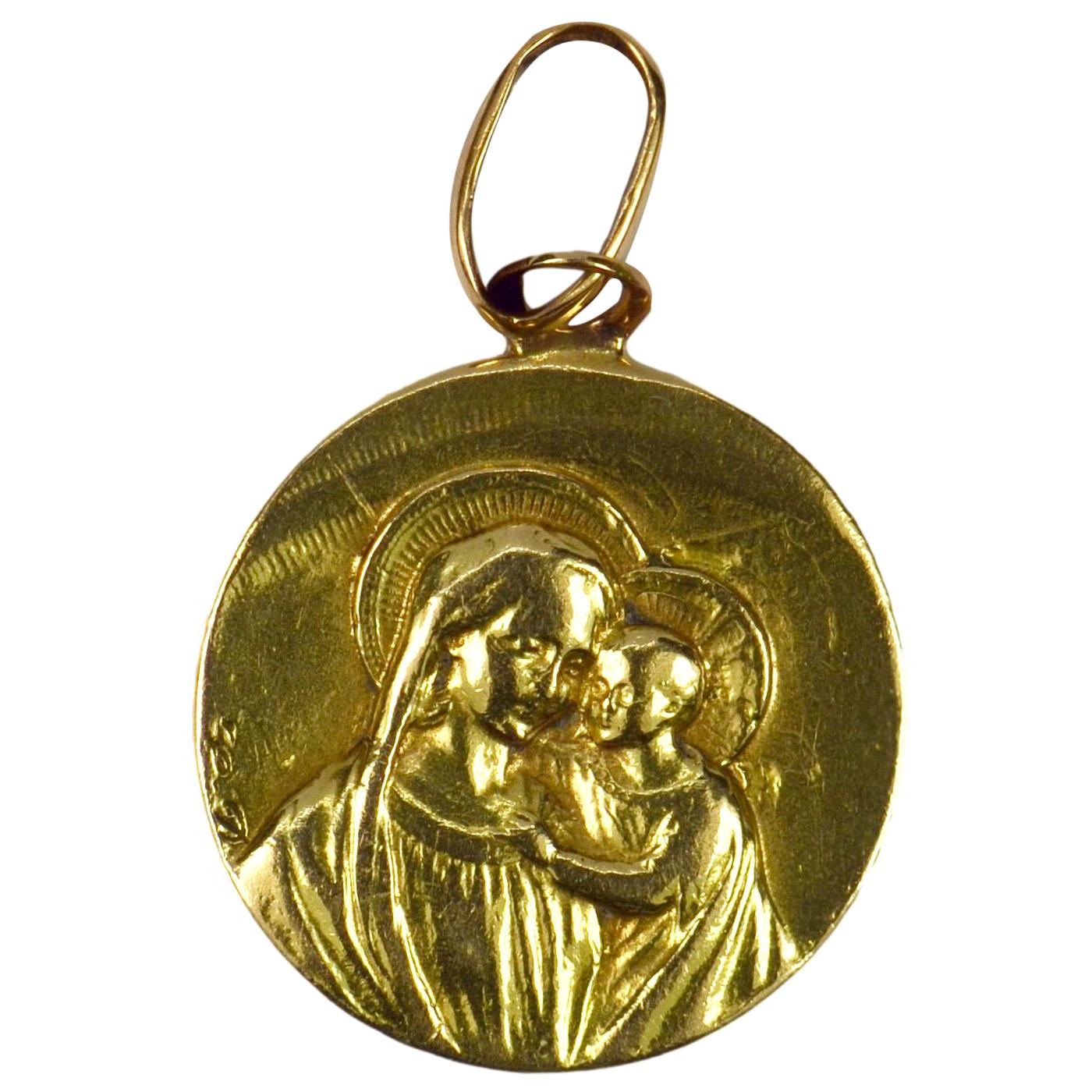French 18 Karat Yellow Gold Jesus Madonna Devotional Medal Charm Pendant