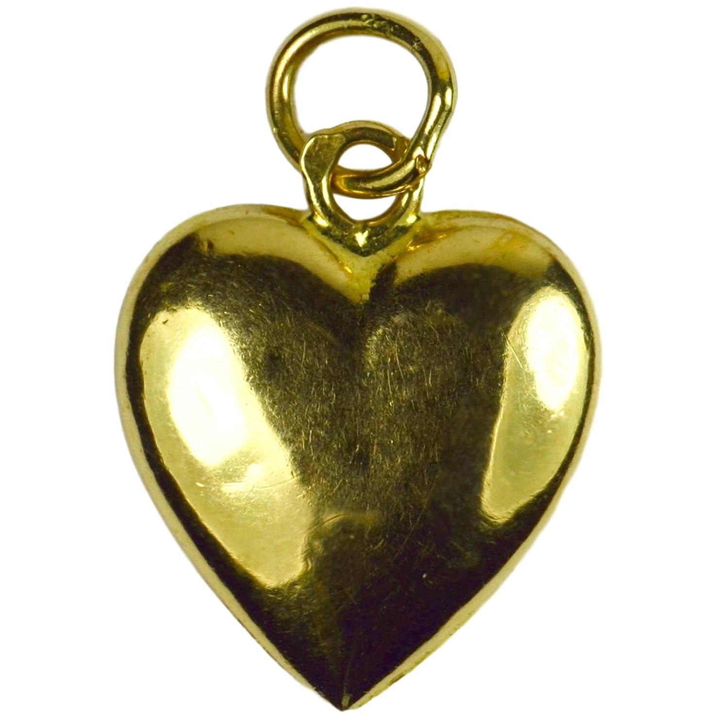 French 18 Karat Yellow Gold Puffy Heart Charm Pendant