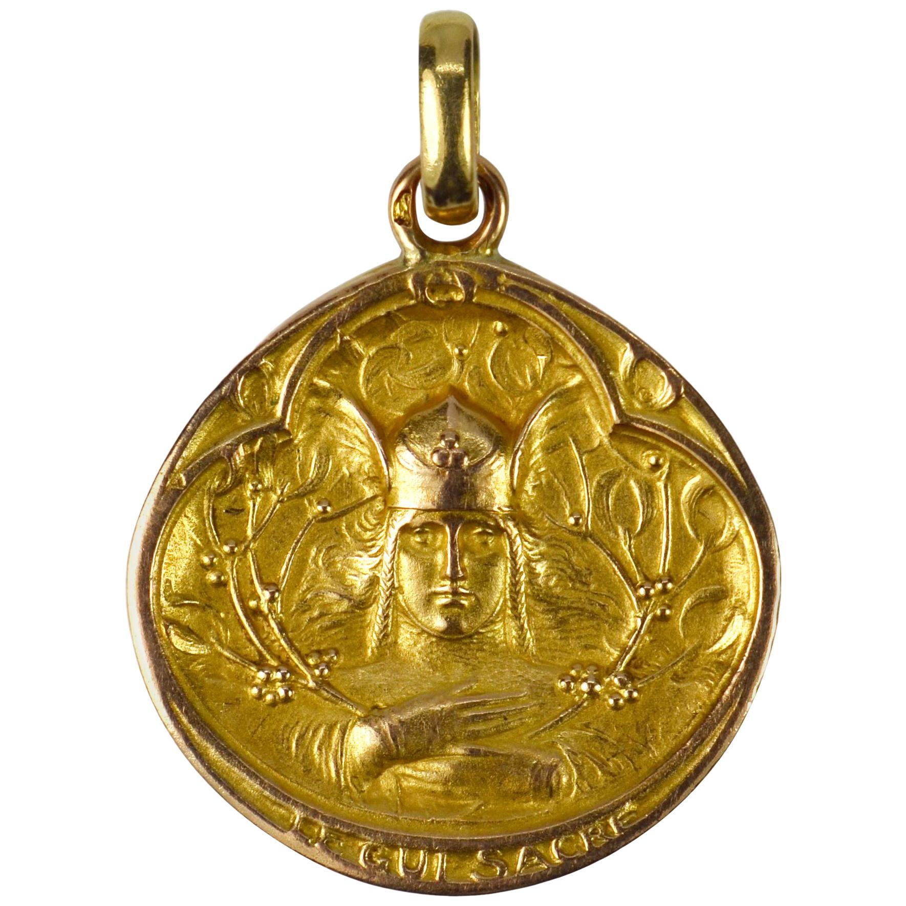 French 18 Karat Yellow Gold Sacred Mistletoe Charm Pendant Medal