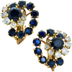 French 18 Karat Yellow Gold Sapphire and Diamond Earrings