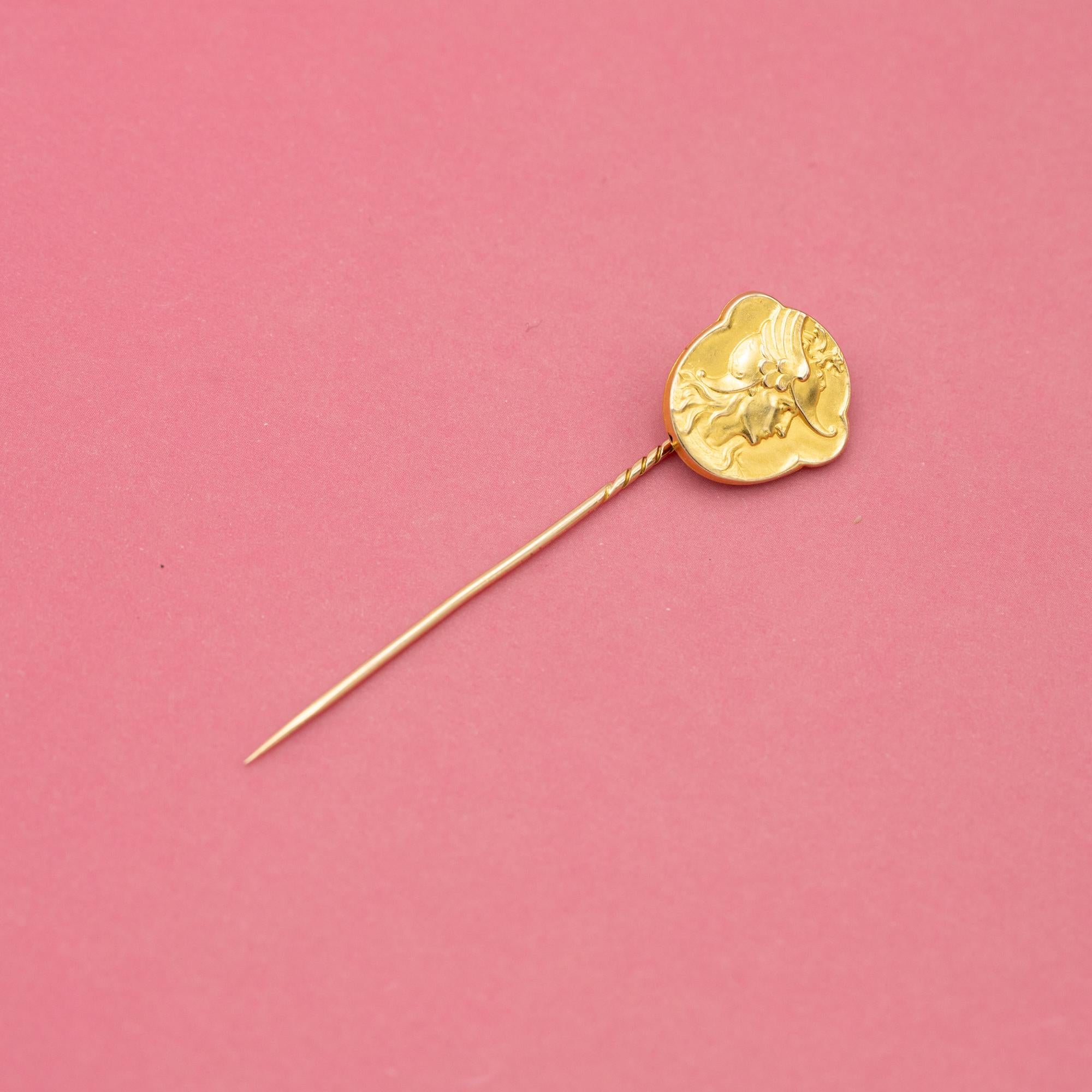 For sale is this stunning Art Nouveau pin depicting Hermes, also called Mercury. He was the messenger and guide for the gods of Olympia. He is also known as the protector of travellers. On this lovely stick pin, he is looking to right, also know as