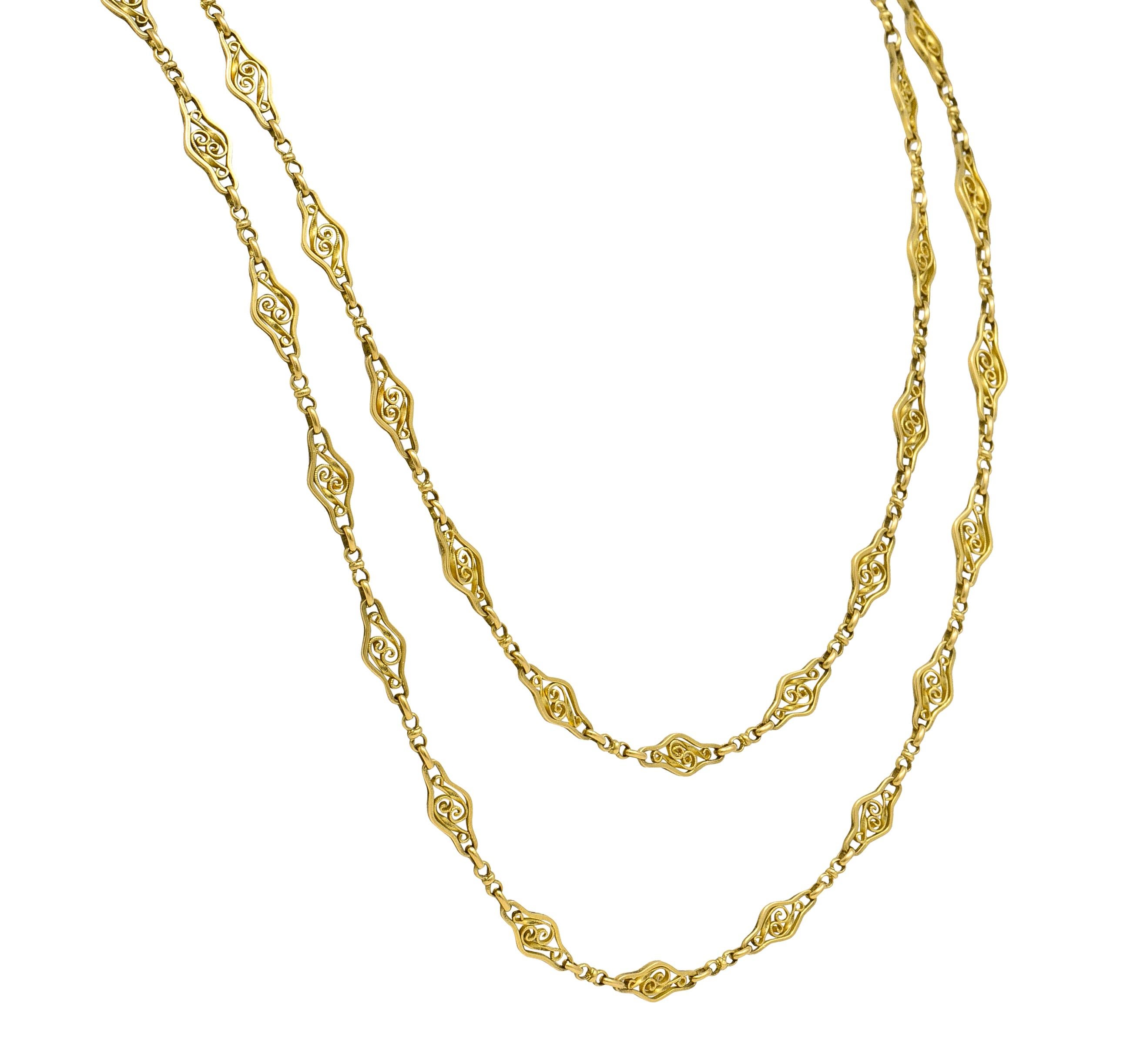 French 18 Karat Yellow Gold Victorian Navette Link 60 IN Long Antique Necklace In Excellent Condition For Sale In Philadelphia, PA